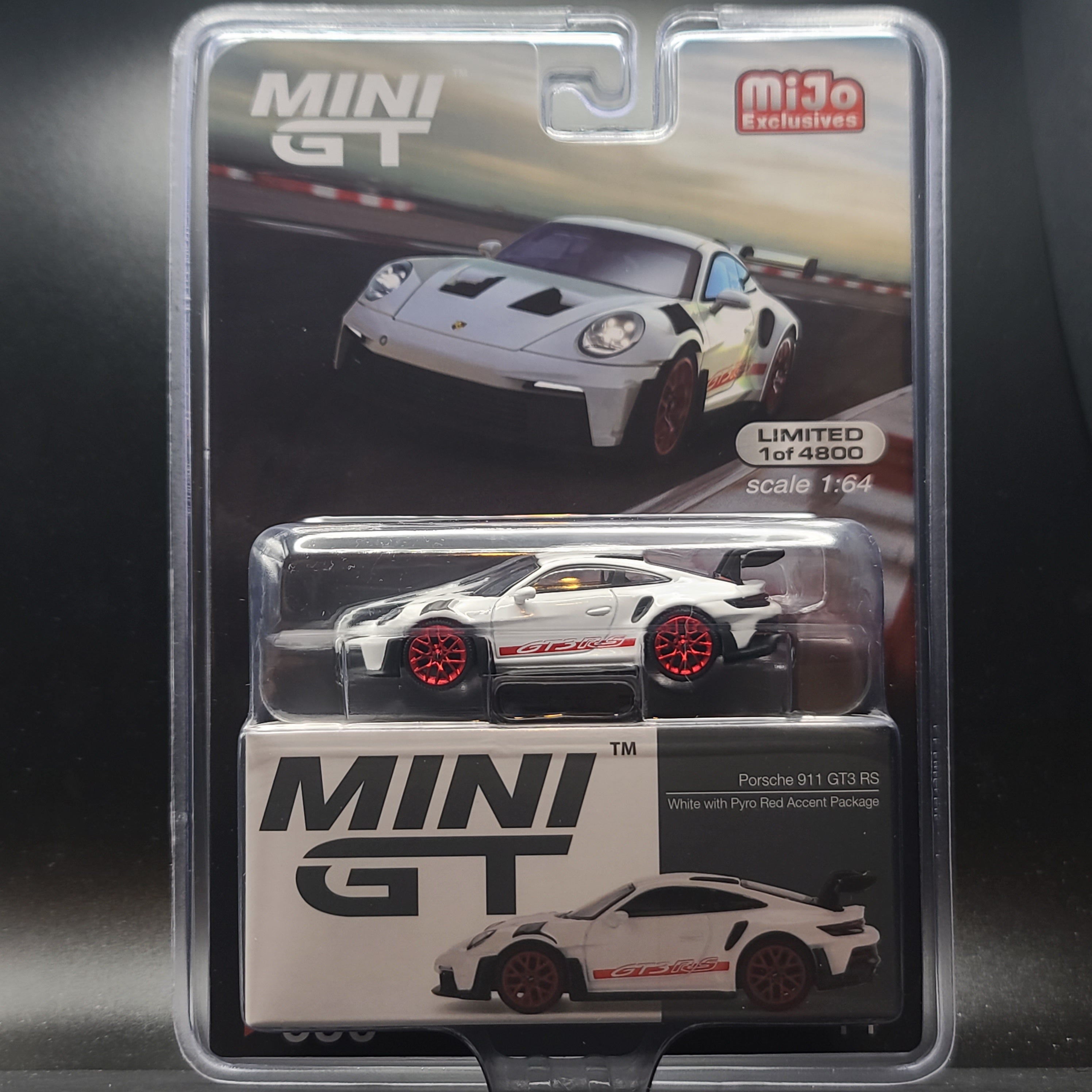 Mini GT Porsche 911 GT3 RS - 1:64 scale, white w/ pyro red accent (2024 MIJO Exclusives - Limited Edition 1 of 4800)