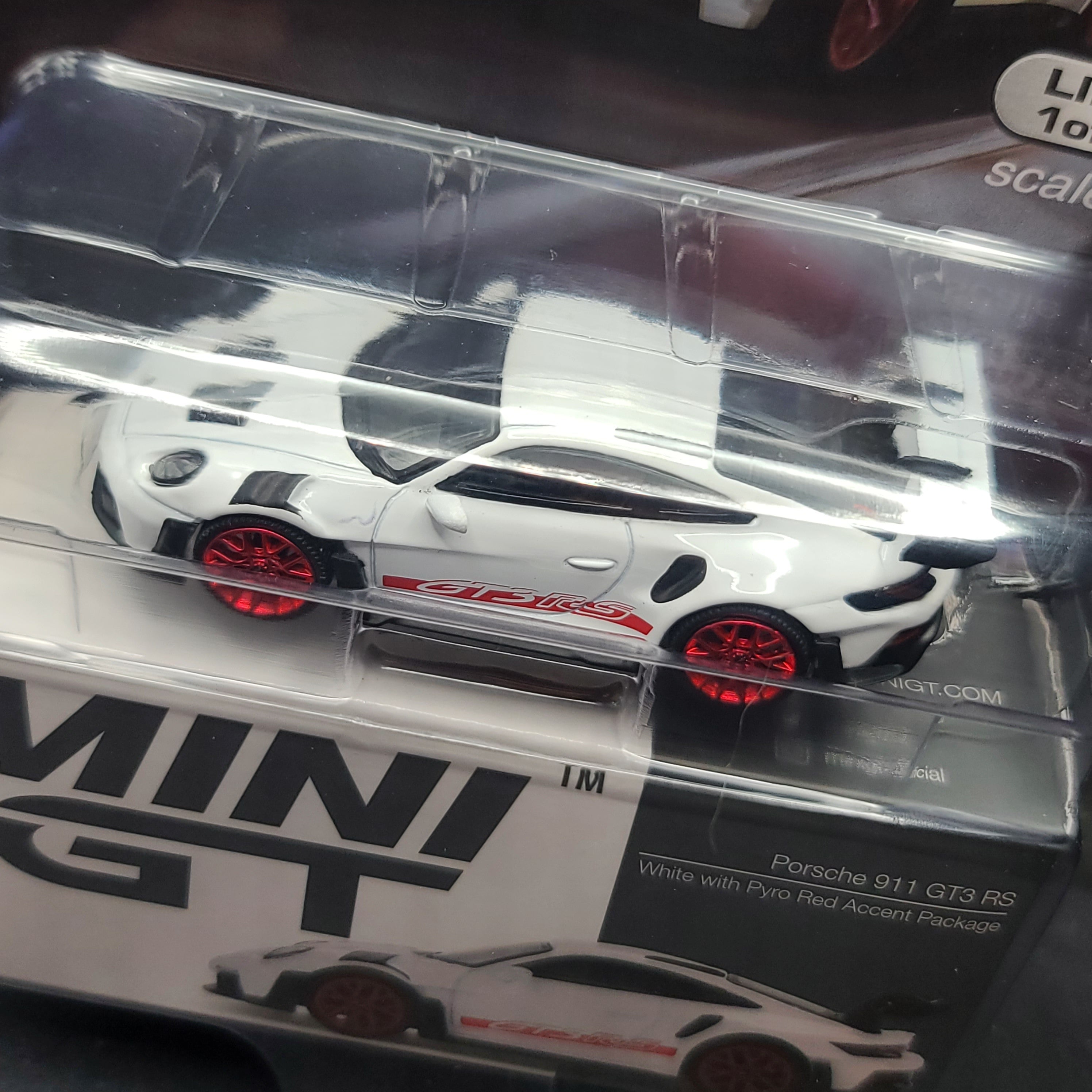 Mini GT Porsche 911 GT3 RS - 1:64 scale, white w/ pyro red accent (2024 MIJO Exclusives - Limited Edition 1 of 4800)