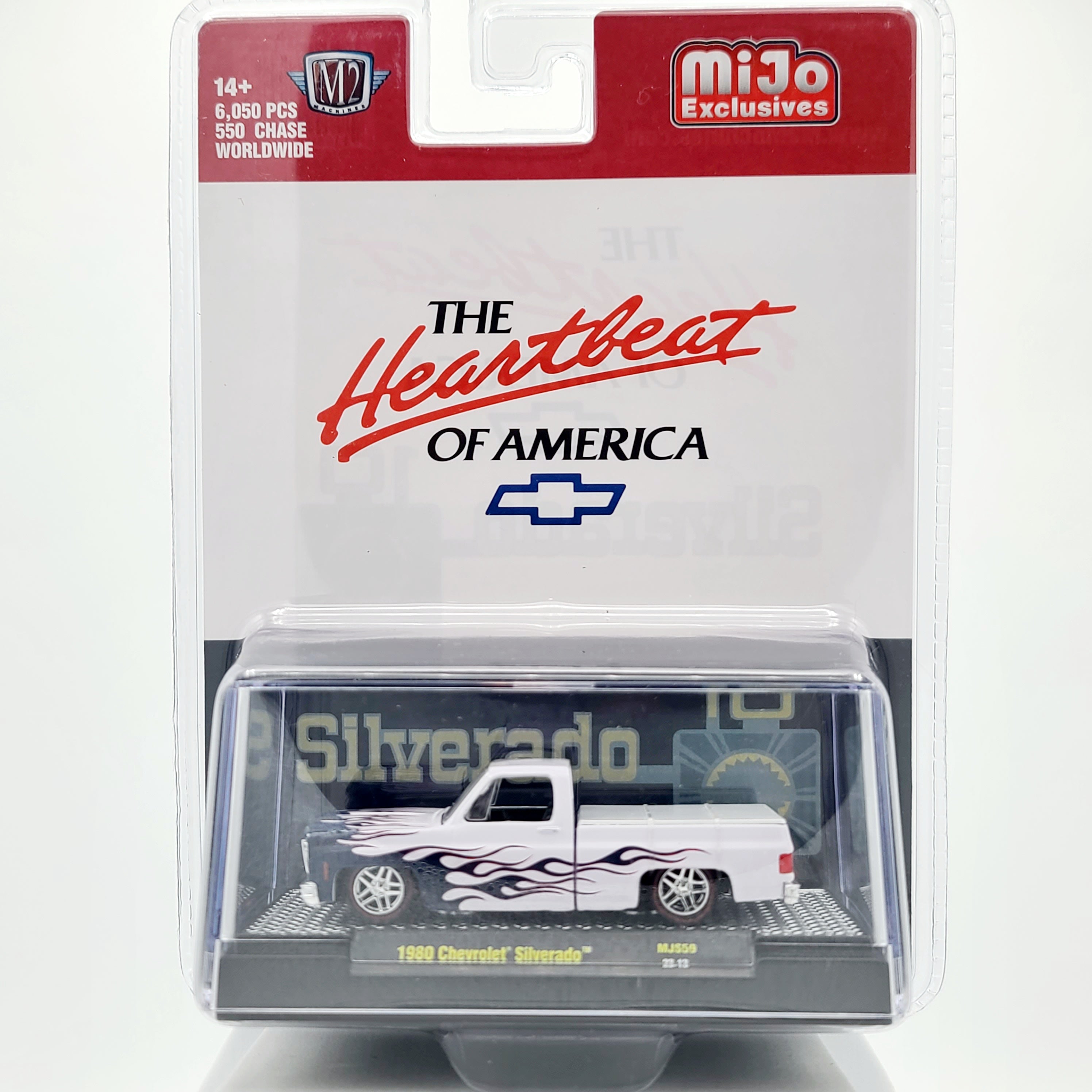 M2 Machines '80 Chevrolet Silverado Pick-up Truck, White w/ Blue Flames (2023 MiJo Exclusives - Limited Edition)