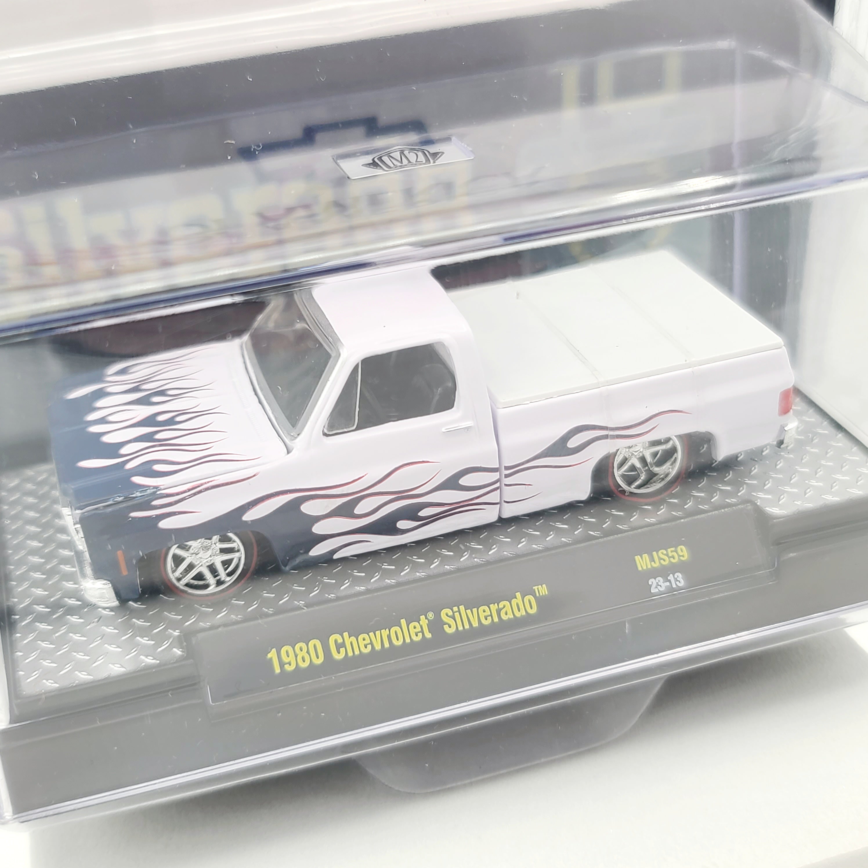 M2 Machines '80 Chevrolet Silverado Pick-up Truck, White w/ Blue Flames (2023 MiJo Exclusives - Limited Edition)