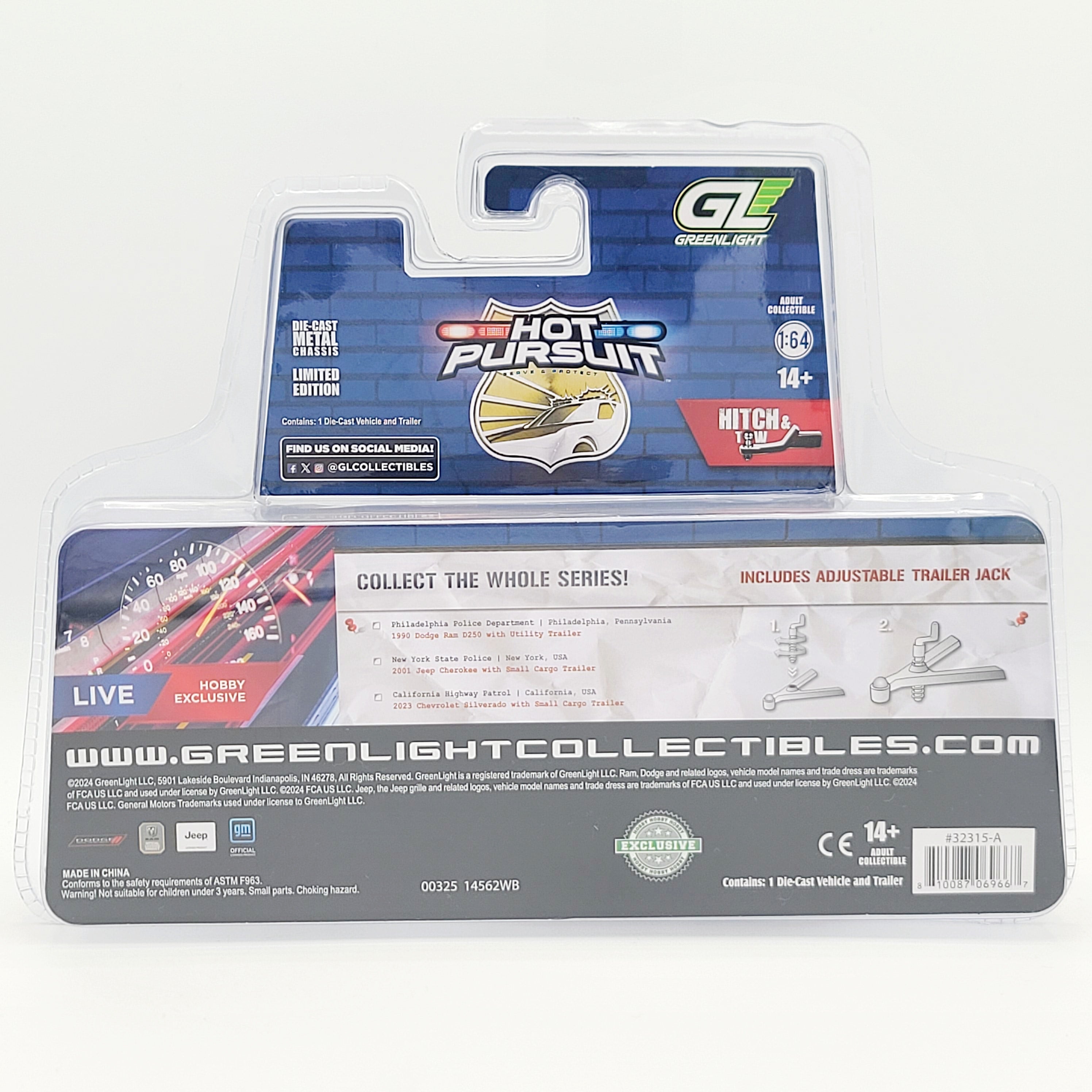 GreenLight '90 Dodge Ram D250 / Utility Trailer - 1:64, Philadelphia Police (2025 Hot Pursuit Hitch & Tow Series 1)