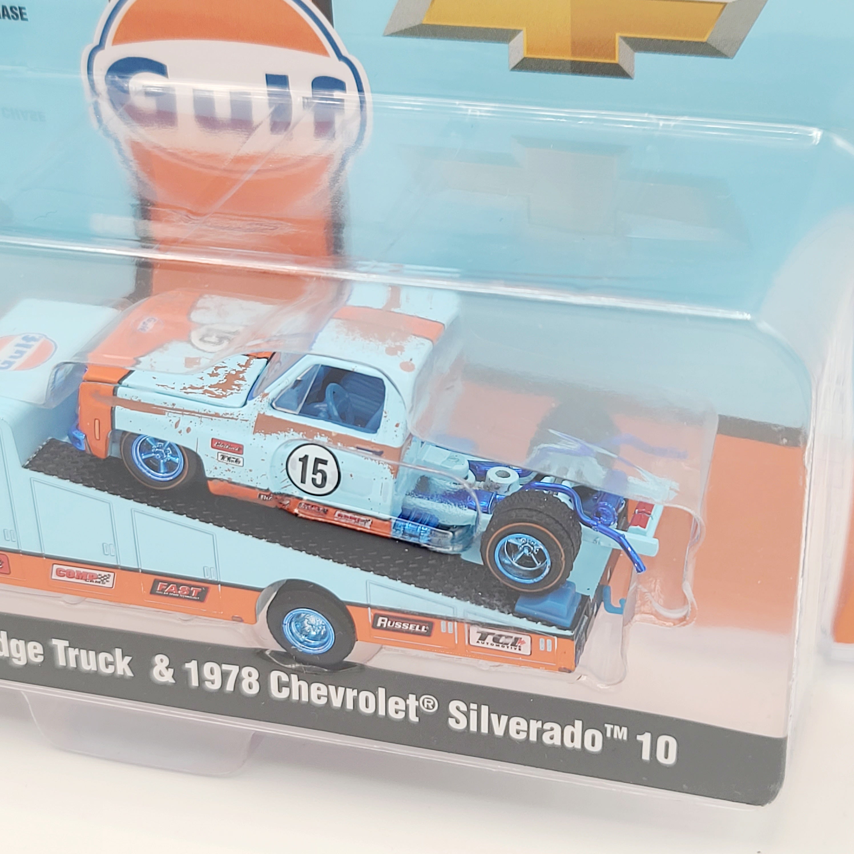 M2 Machines - CHASE - '73 Chevrolet C30 Wedge w/ '78 Chevrolet Silverado 10 - 1:64, Gulf Oil (2025 MiJo Exclusives - Limited Edition)