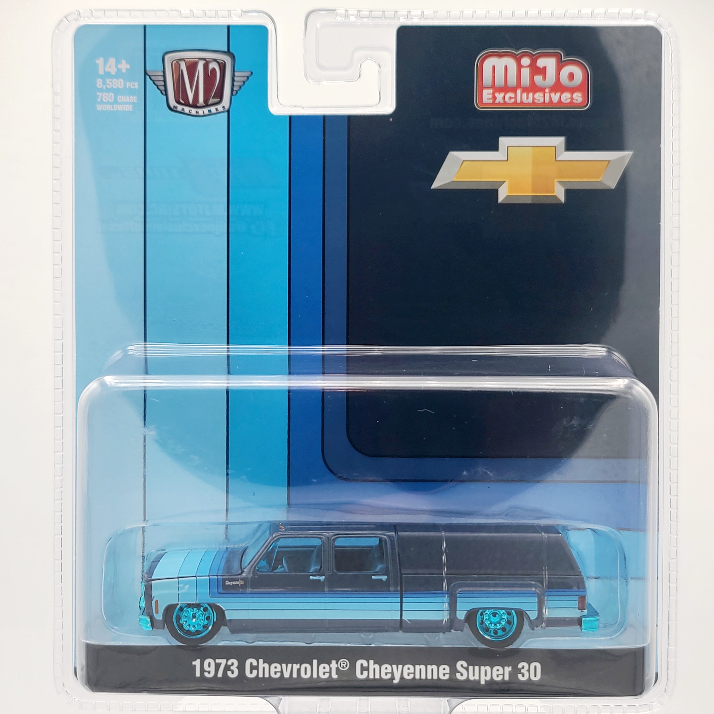 M2 Machines - CHASE - 1973 Chevrolet Cheyenne Super 30 Dually Pickup w/ Camper Shell - 1:64, Blue (2025 MiJo Exclusives - Limited Edition)