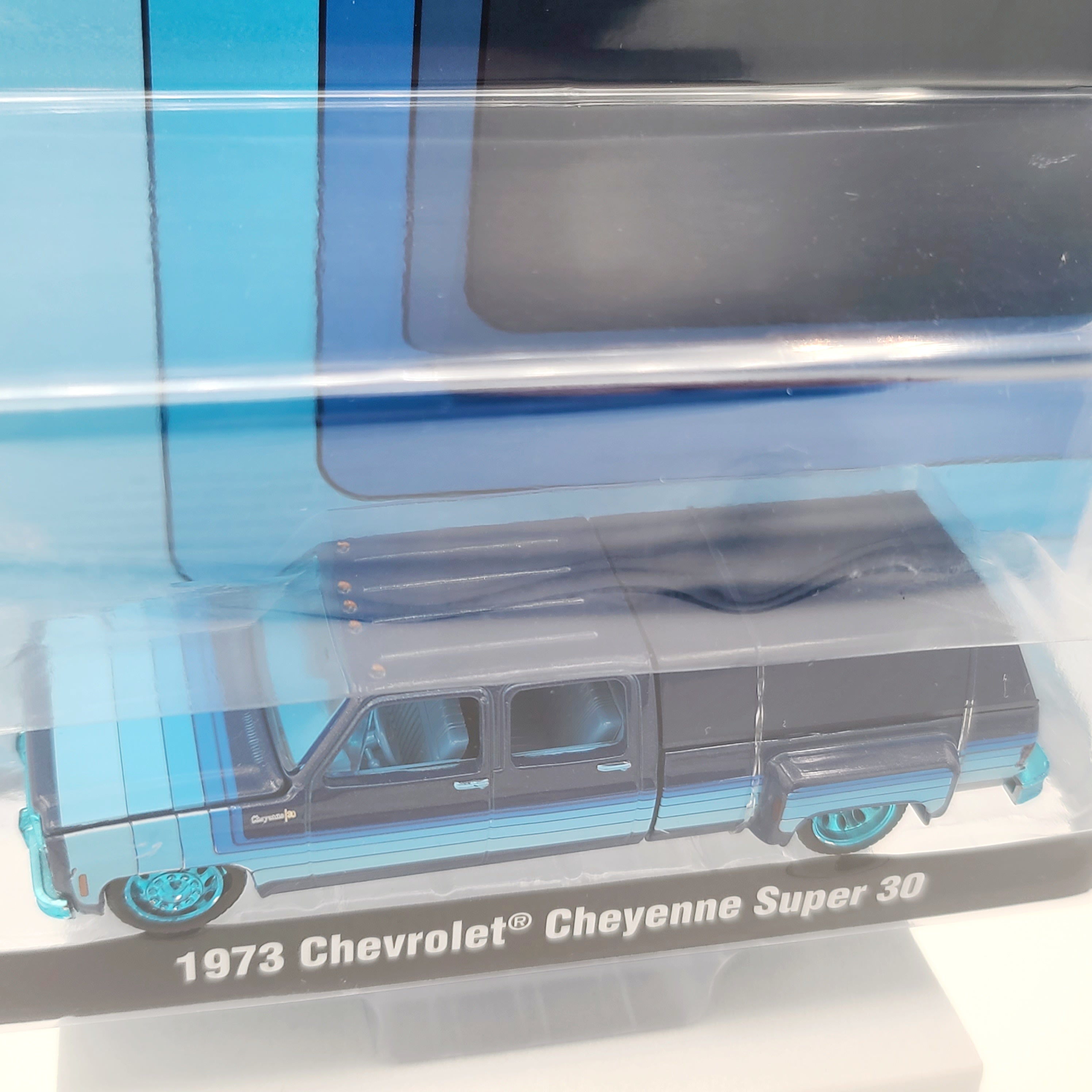 M2 Machines - CHASE - 1973 Chevrolet Cheyenne Super 30 Dually Pickup w/ Camper Shell - 1:64, Blue (2025 MiJo Exclusives - Limited Edition)