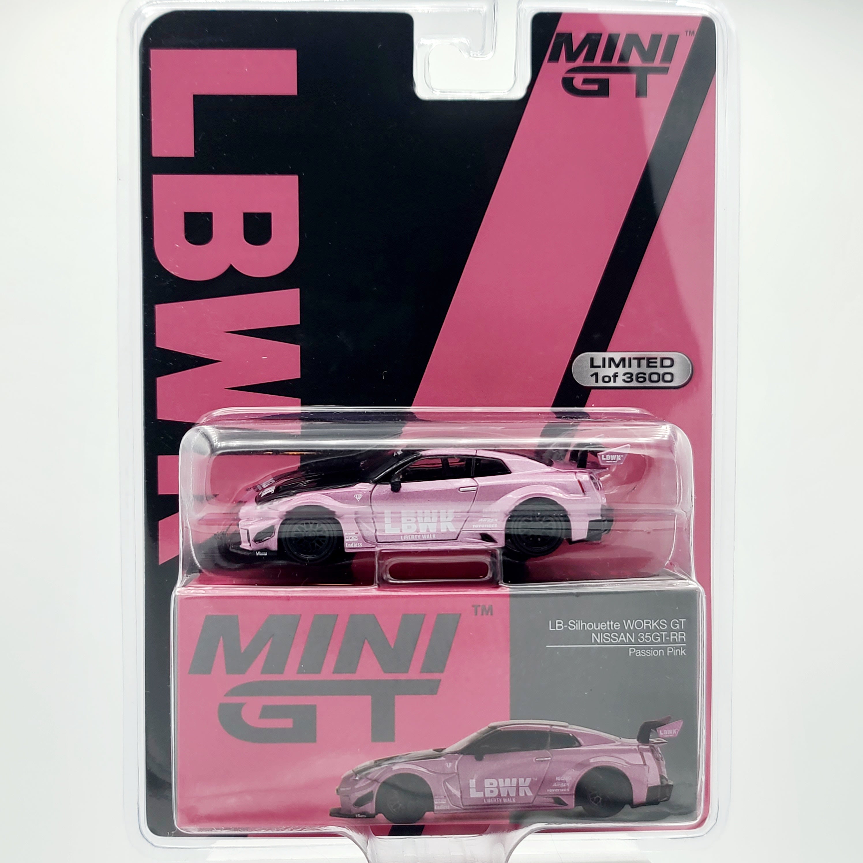 MINI GT LB-Silhouette Works GT Nissan 35GT-RR - 1:64 scale, Passion Pink (2022 MIJO Exclusives - Limited Edition)