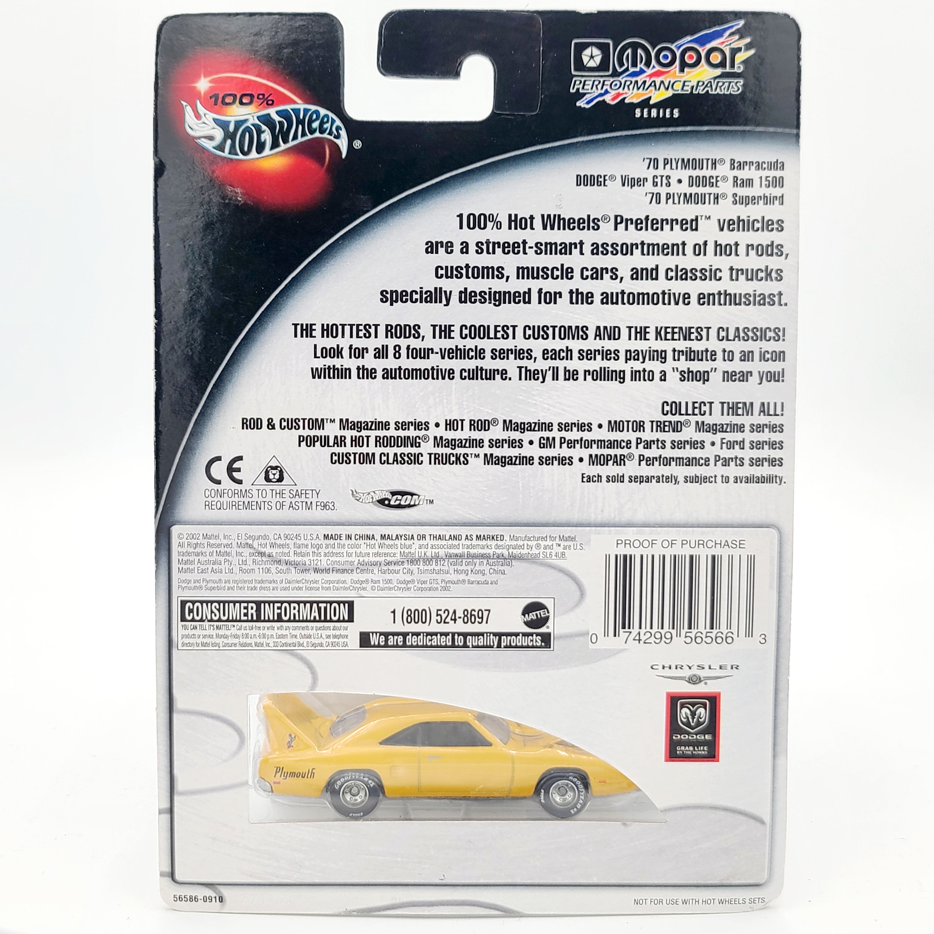 Hot Wheels '70 Plymouth Superbird (2002 Mopar Performance Parts - 100% Hot Wheels)
