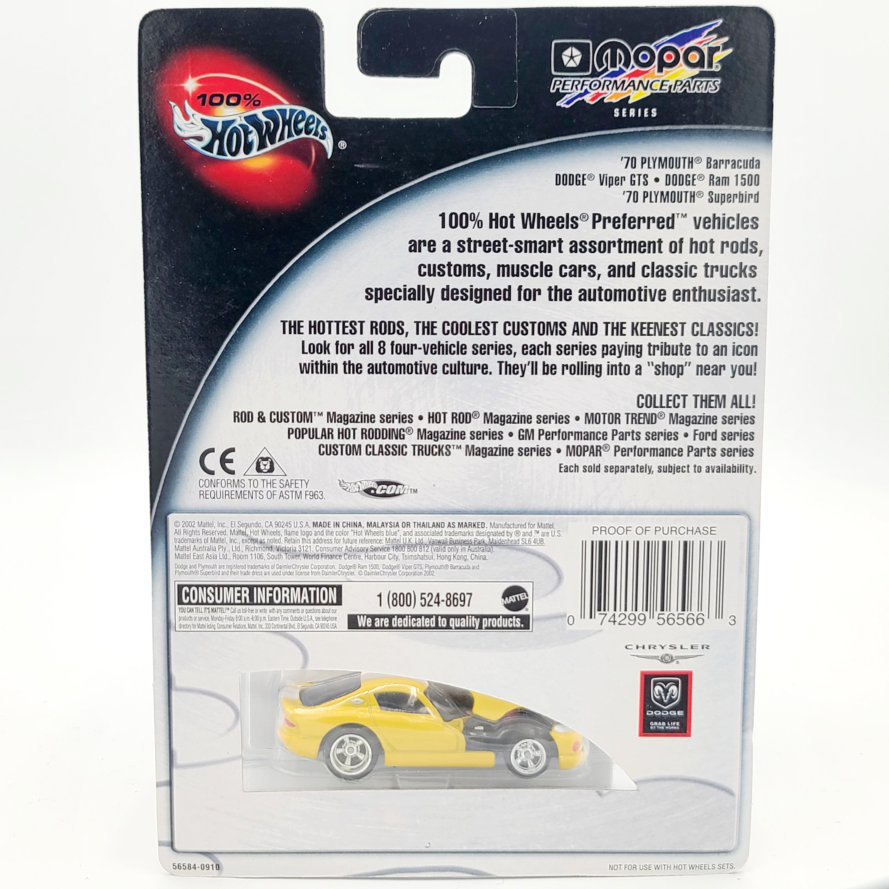 Hot Wheels Dodge Viper GTS (2002 Mopar Performance Parts - 100% Hot Wheels)