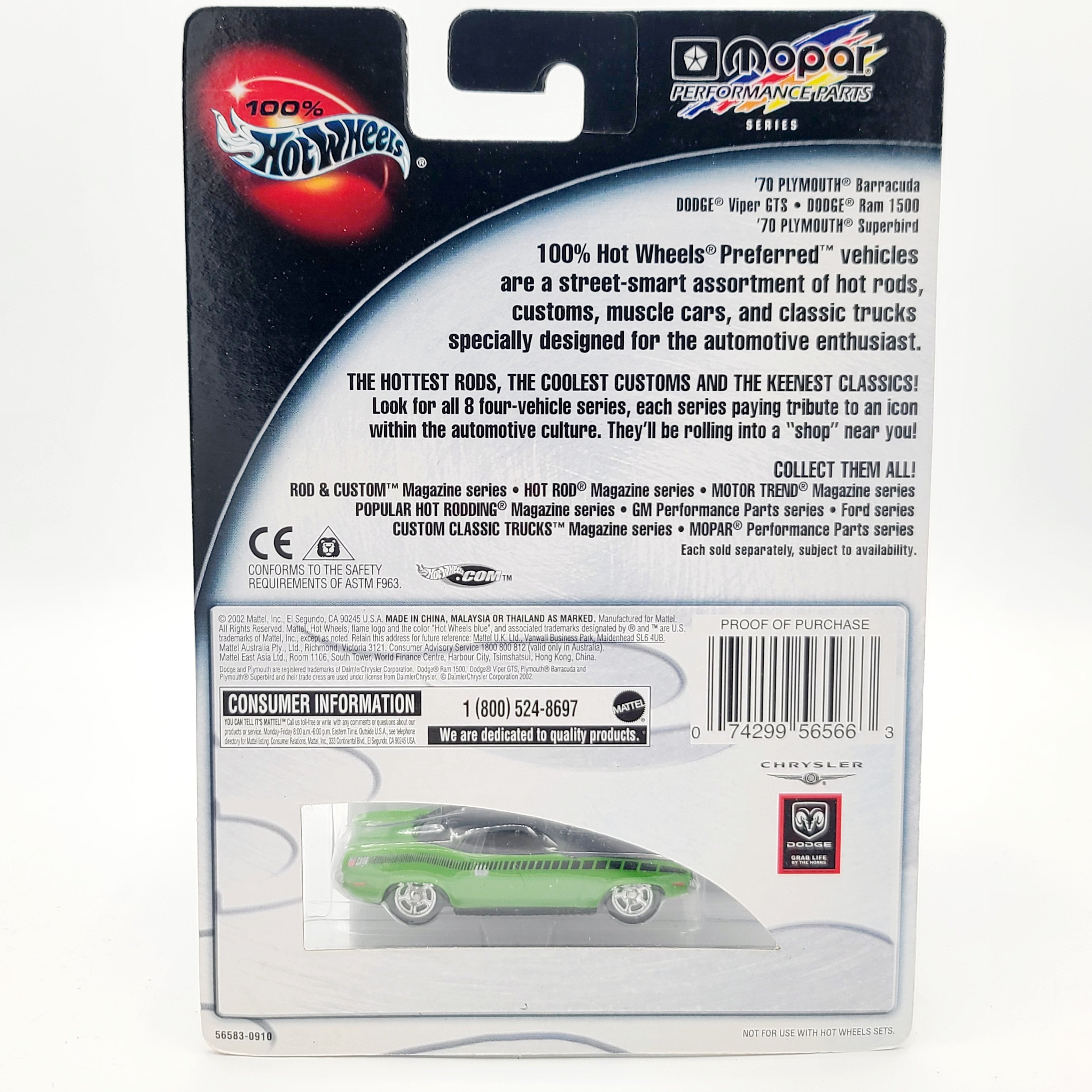 Hot Wheels '70 Plymouth Barracuda (2002 Mopar Performance Parts - 100% Hot Wheels)