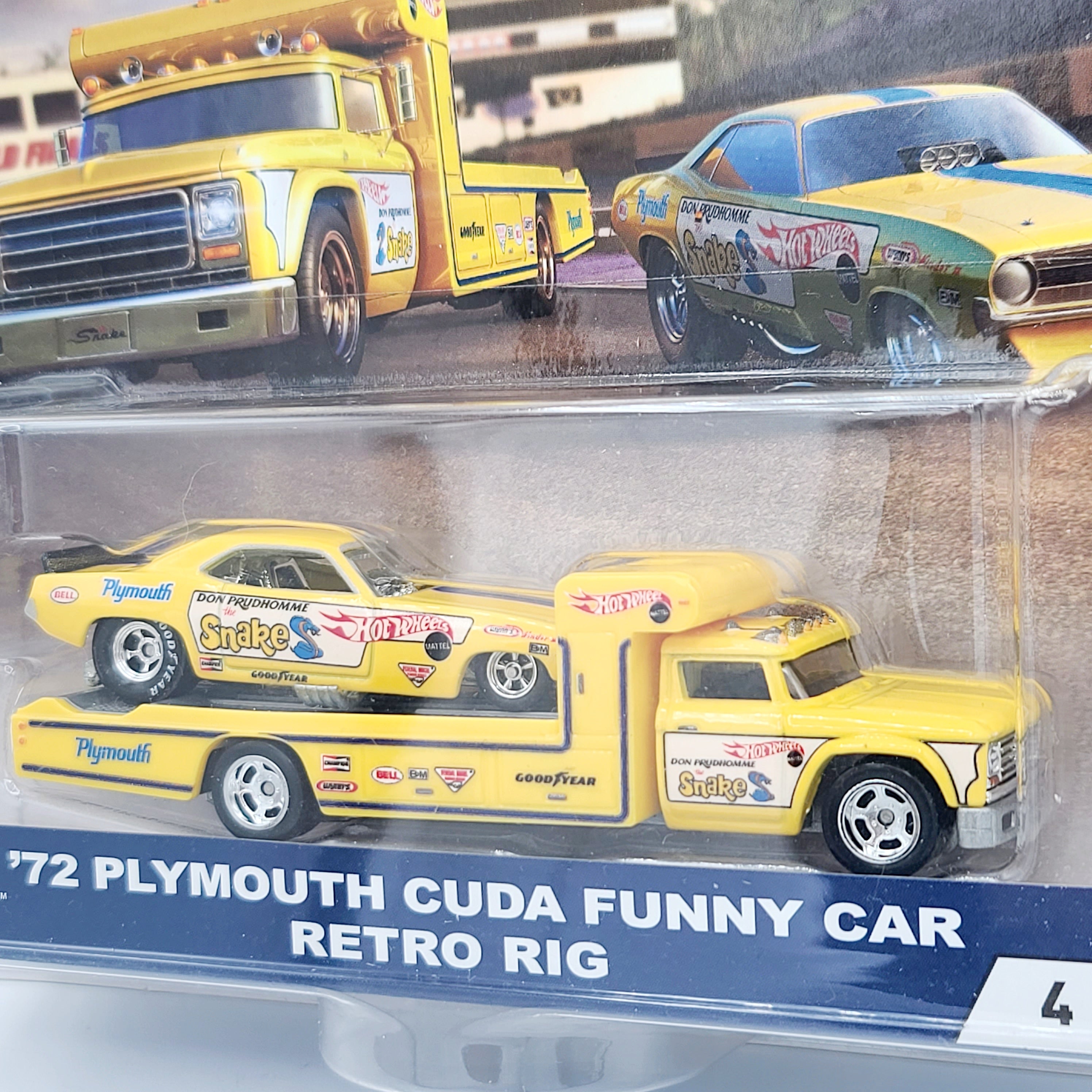 Hot Wheels Team Transport - '72 Plymouth Cuda Funny Car Dragster & HW Retro Rig "Snake" (2018 Team Transport, Car Culture)