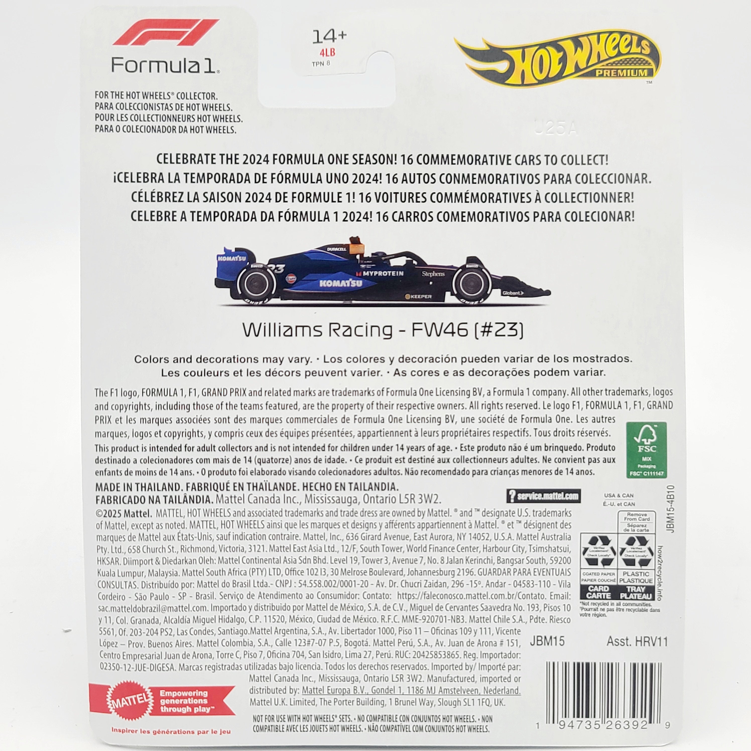 Hot Wheels Williams Racing F1 - FW46 2024 #23 Logan Sargeant (2025 Premium Formula 1 - Mix 2)