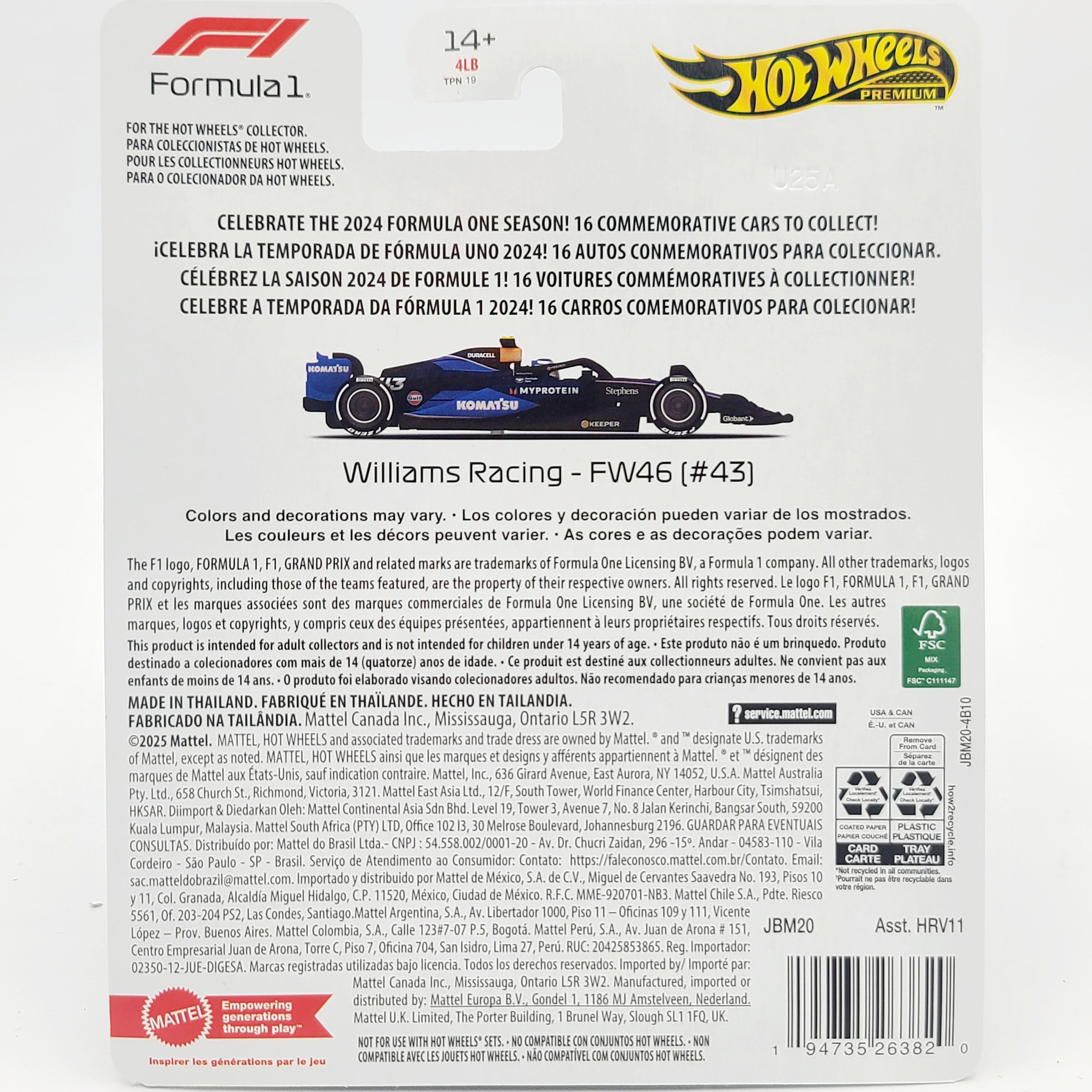 Hot Wheels Williams Racing F1 - FW46 2024 #43 Franco Colapinto (2025 Premium Formula 1 - Mix 2)