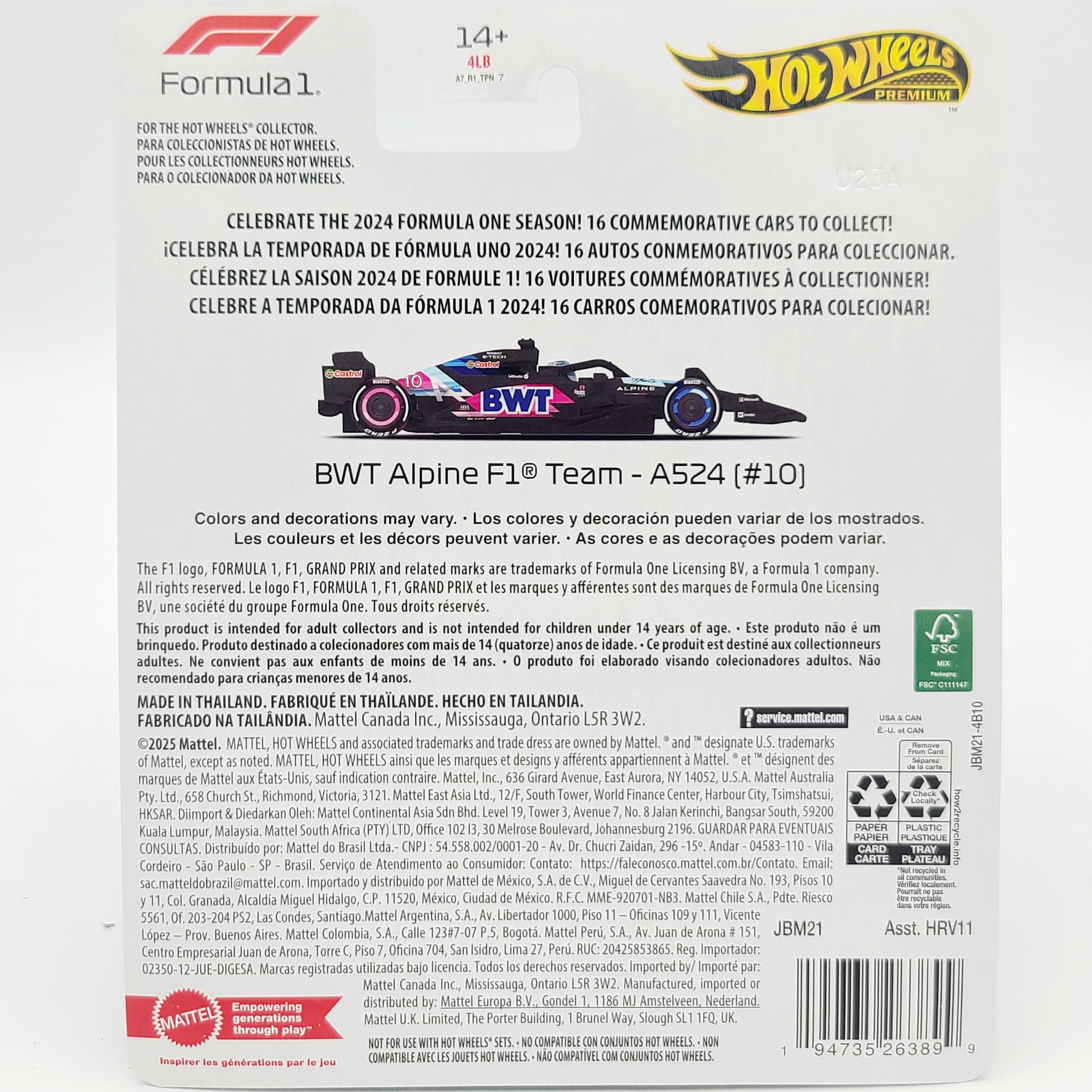 Hot Wheels BWT Alpine F1 - A524 2024 #10 Pierre Gasly (2025 Premium Formula 1 - Mix 1)