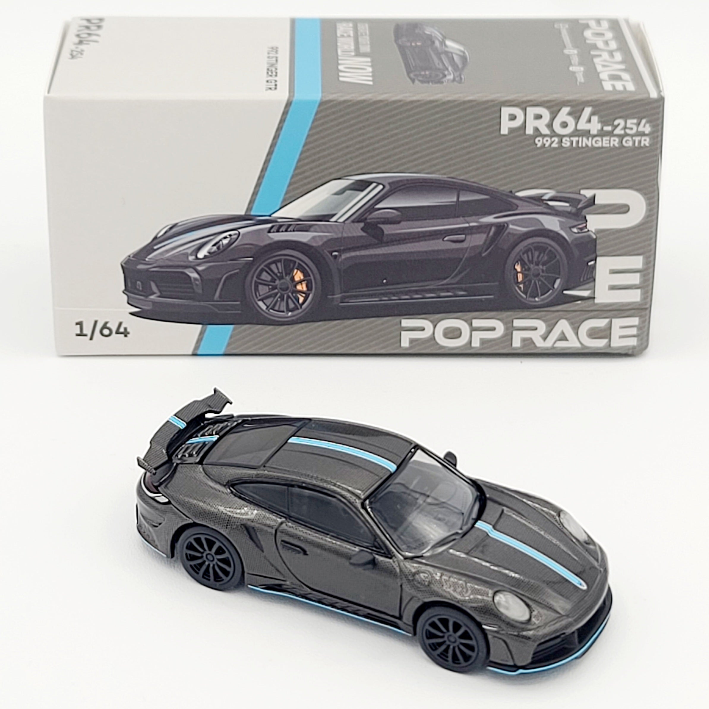 Pop Race Porsche 992 Stinger GTR - 1:64, Carbon Fiber, Blue Stripe (2025 Limited Edition)