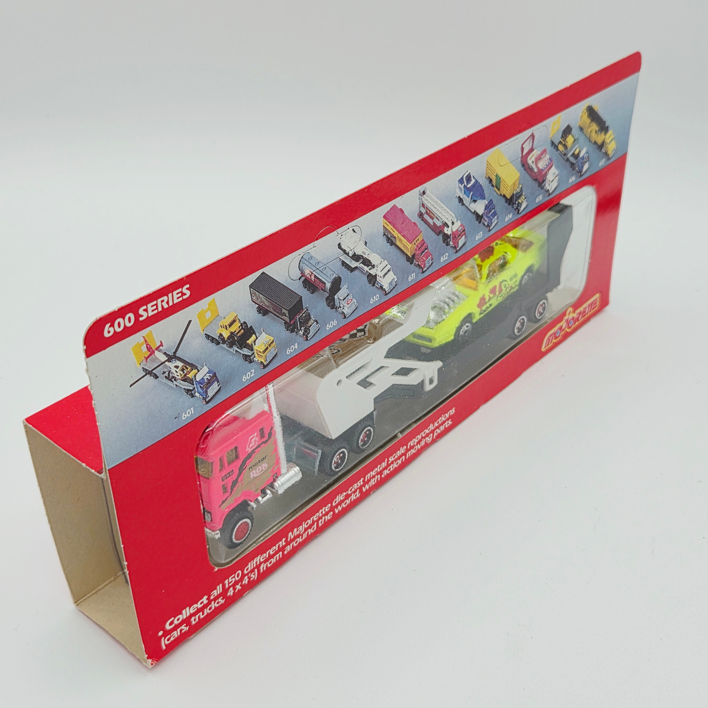 Majorette Ford CL9000 COE Semi Cab Transporter Truck w/ Pontiac Trans Am - 1:87, Unpunched Card (1990s Super Movers 600 Series)