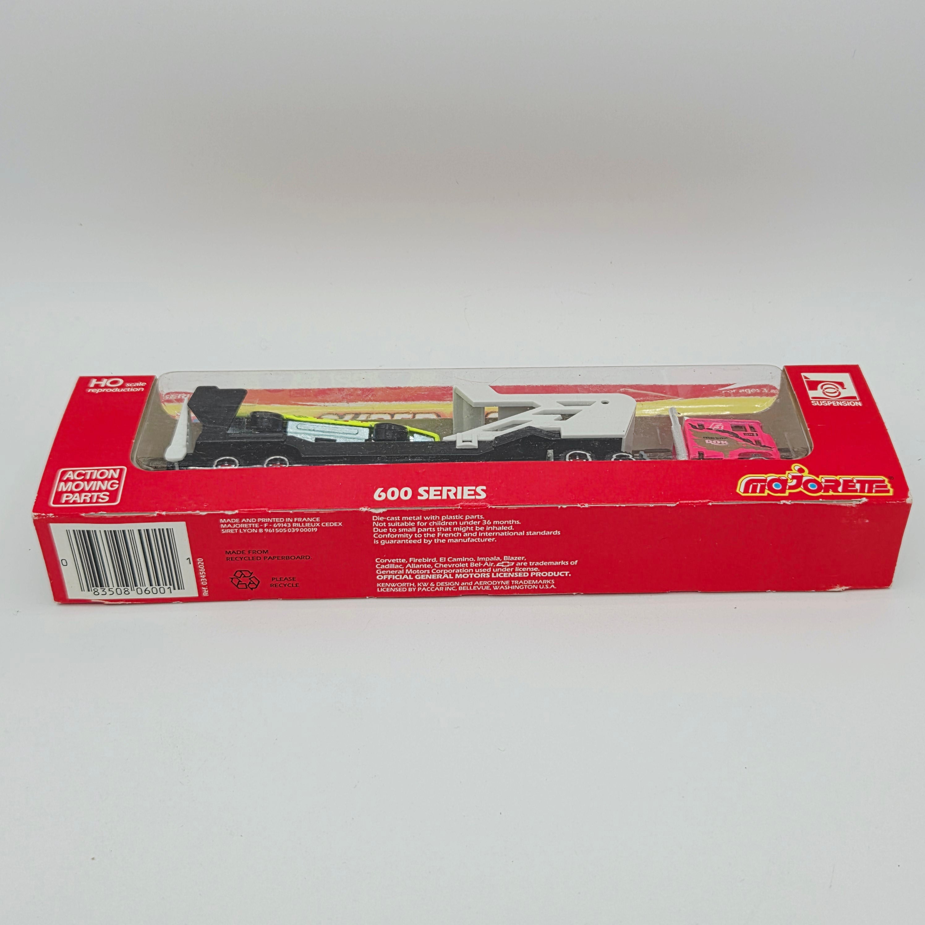 Majorette Ford CL9000 COE Semi Cab Transporter Truck w/ Pontiac Trans Am - 1:87, Unpunched Card (1990s Super Movers 600 Series)