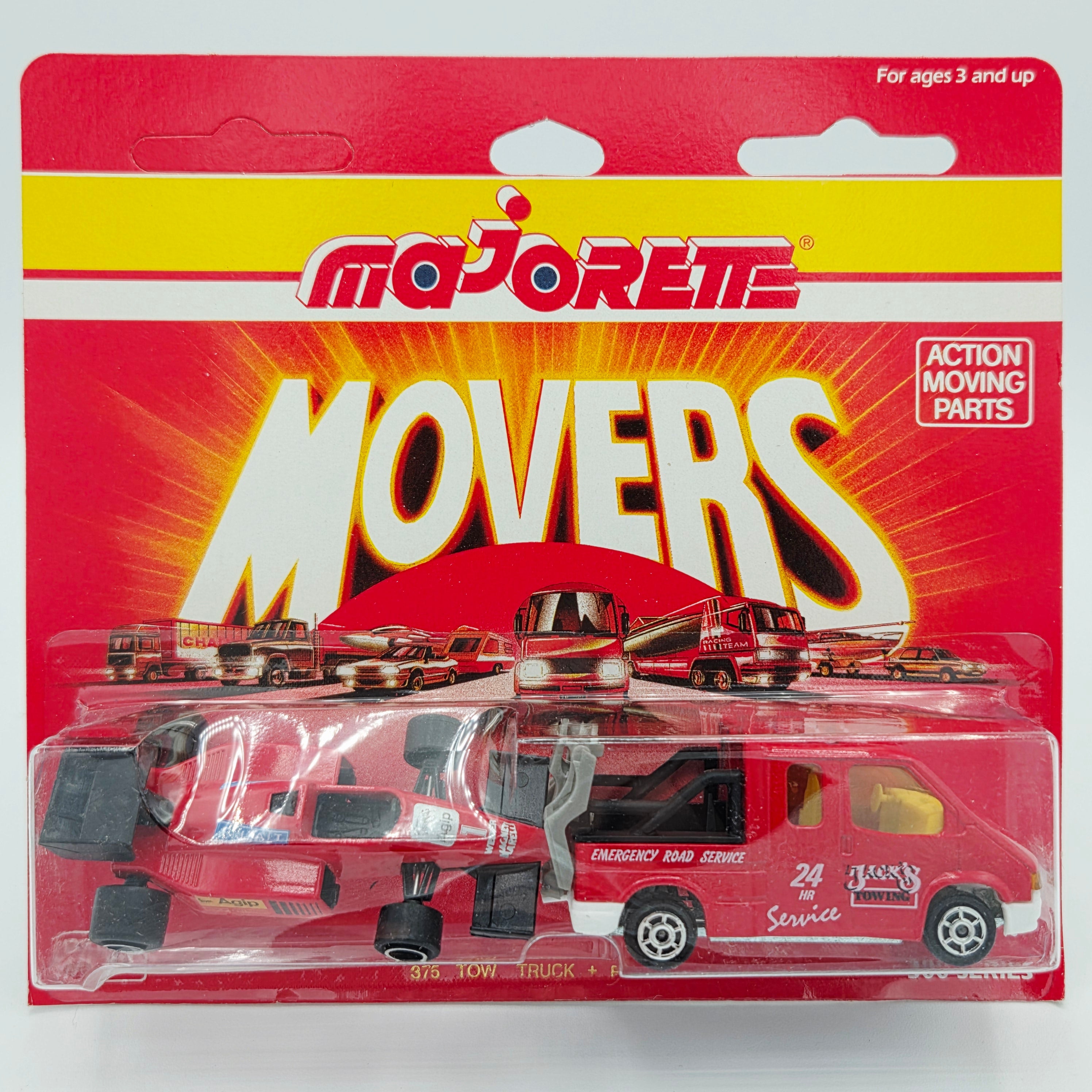 Majorette Transit Tow Truck w/ F1 Race Car "Fiat" "Aquip" #375 (1990 Movers 300 Series)