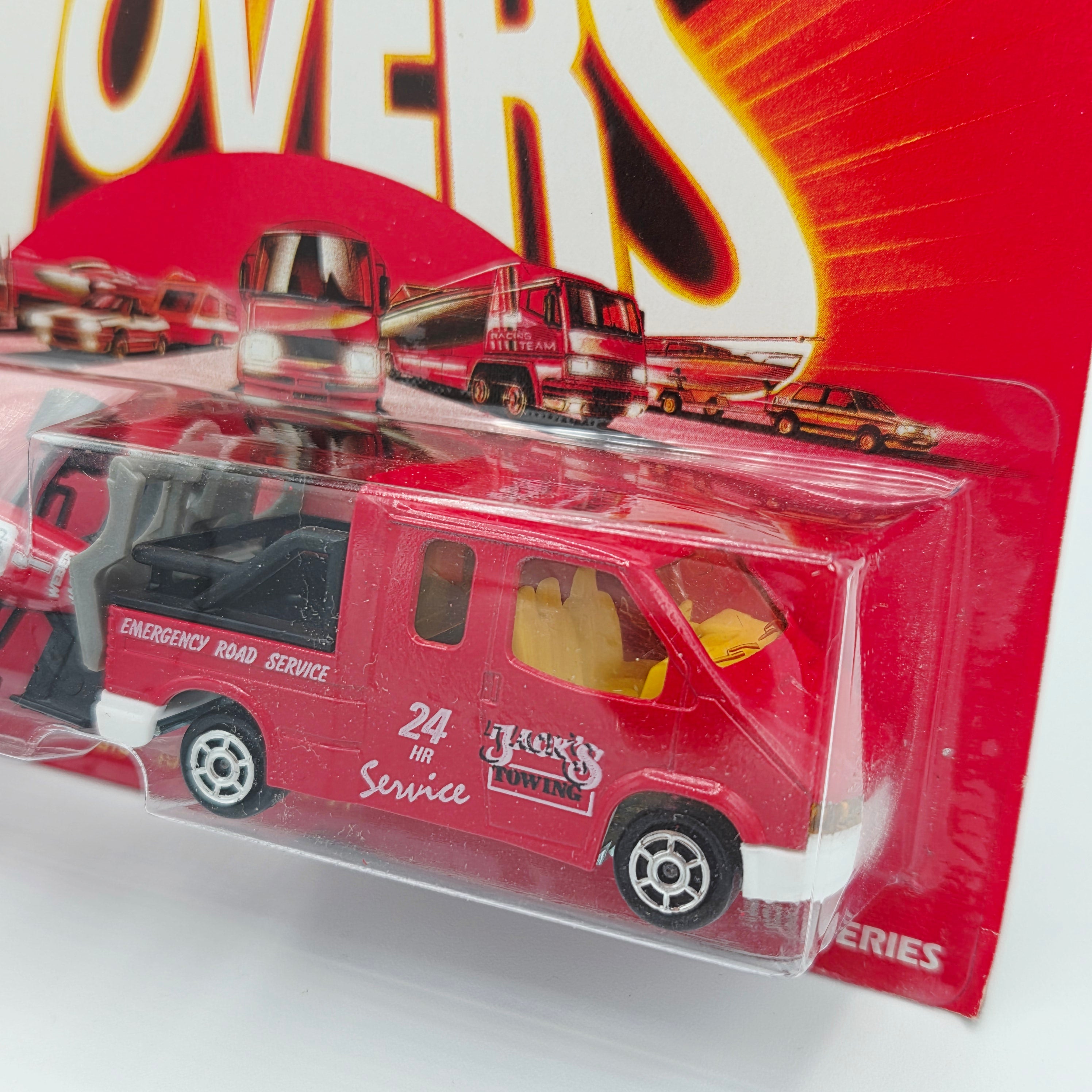 Majorette Transit Tow Truck w/ F1 Race Car "Fiat" "Aquip" #375 (1990 Movers 300 Series)