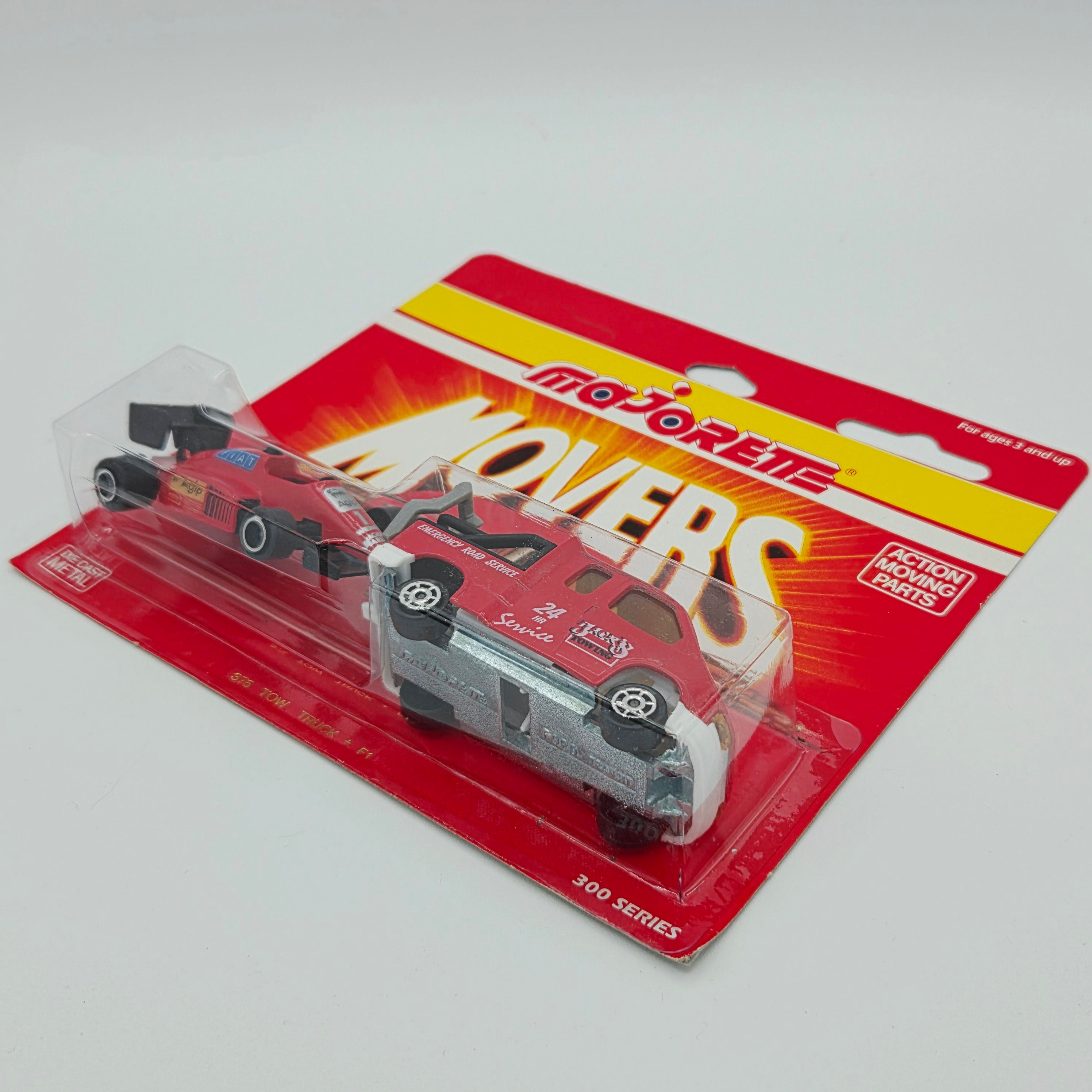 Majorette Transit Tow Truck w/ F1 Race Car "Fiat" "Aquip" #375 (1990 Movers 300 Series)