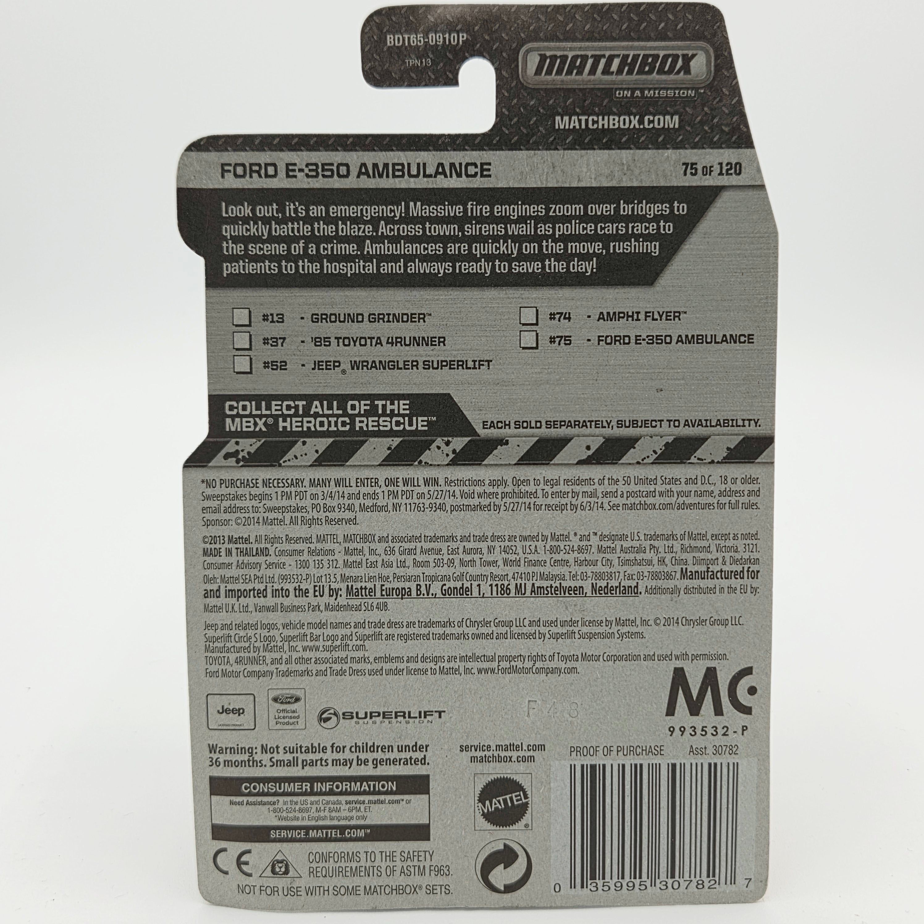 Matchbox '09 Ford F-350 Ambulance "Tri-County" (2014 MBX Basic - Heroic Rescue)