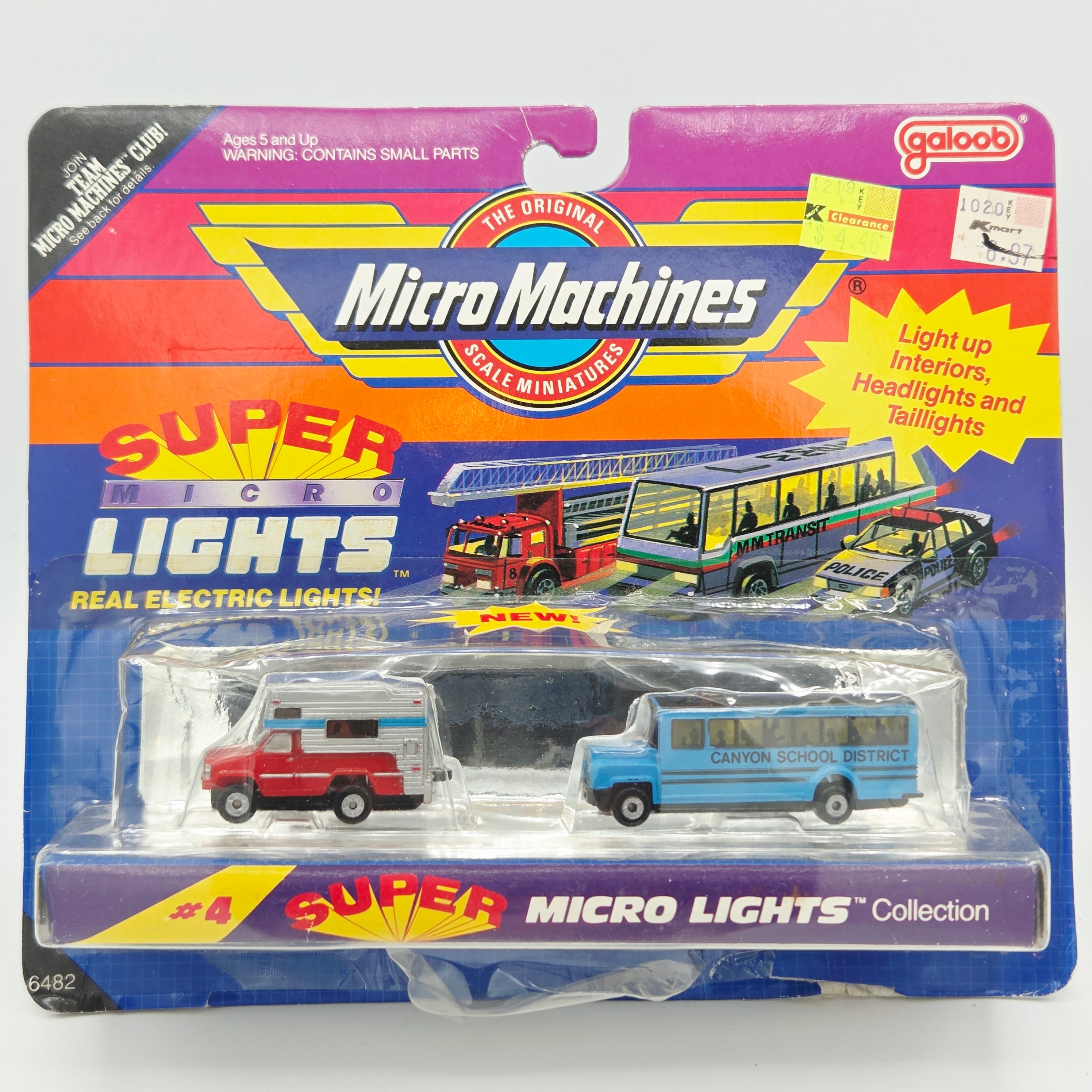 Galoob Micro Machines - Canyon School Bus, Camper Truck (1990 Super Micro Lights) *Damaged Blister Pack*