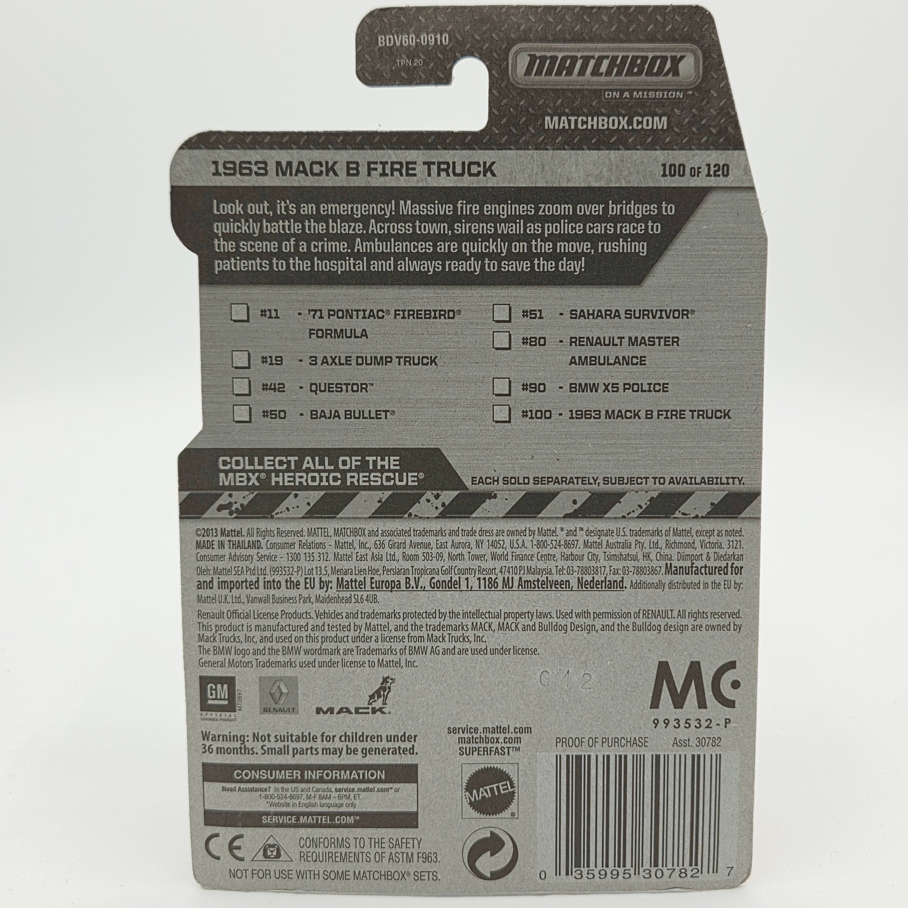 Matchbox '63 Mack B Model Fire Engine (2014 MBX Basic - Heroic Rescue)