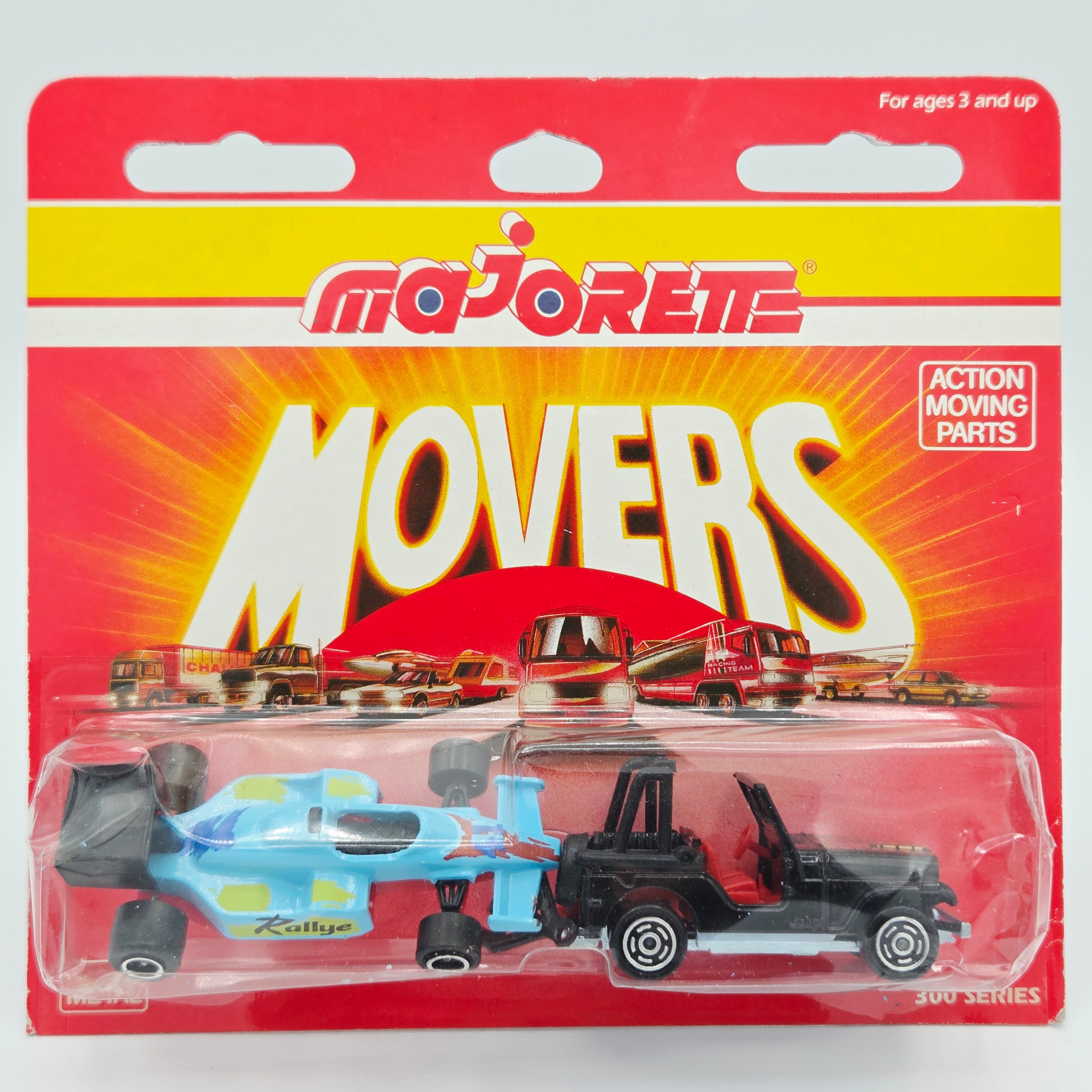 Majorette Jeep CJ w/ F1 Race Car #318 (1990 Movers 300 Series)