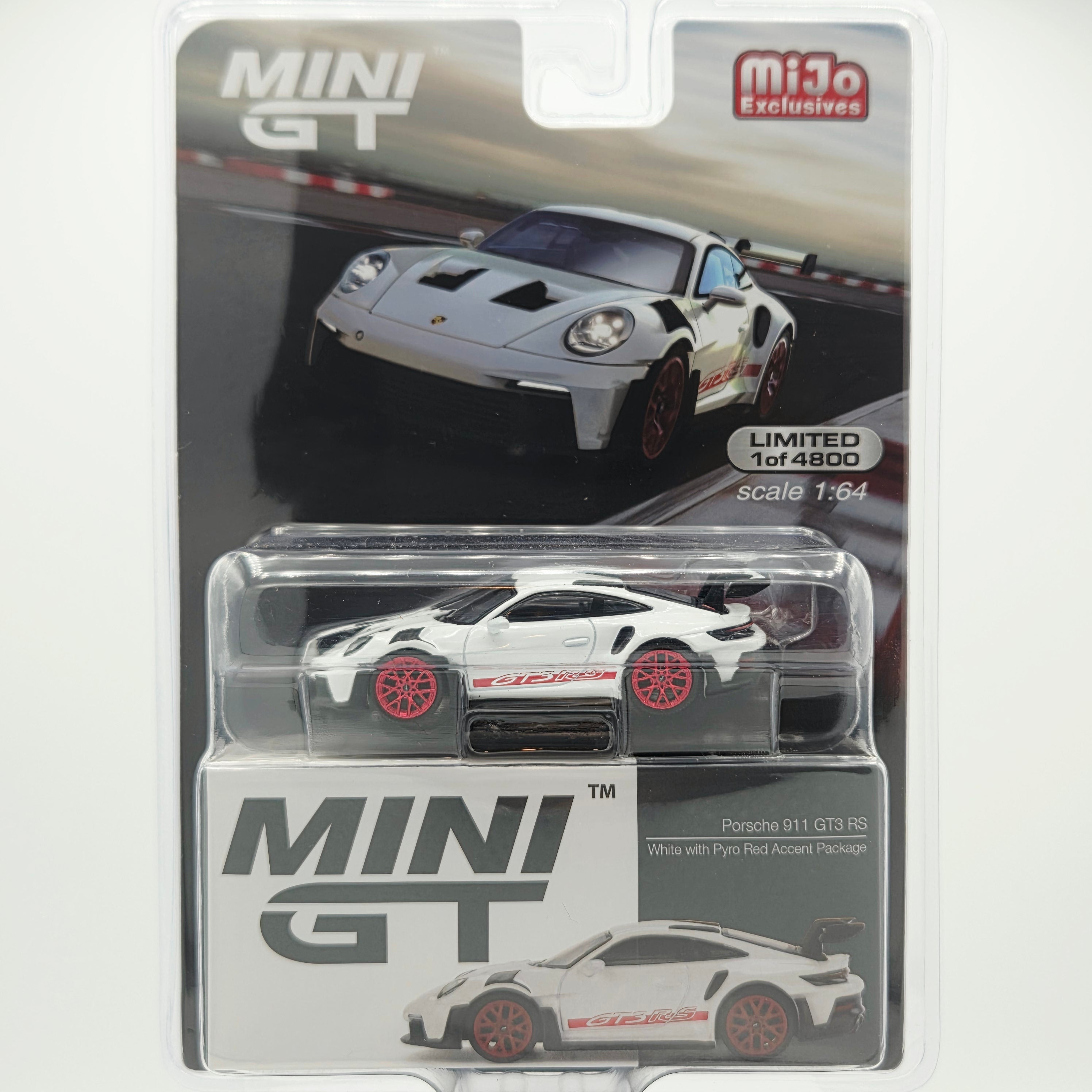 Mini GT Porsche 911 GT3 RS - 1:64 scale, white w/ pyro red accent (202