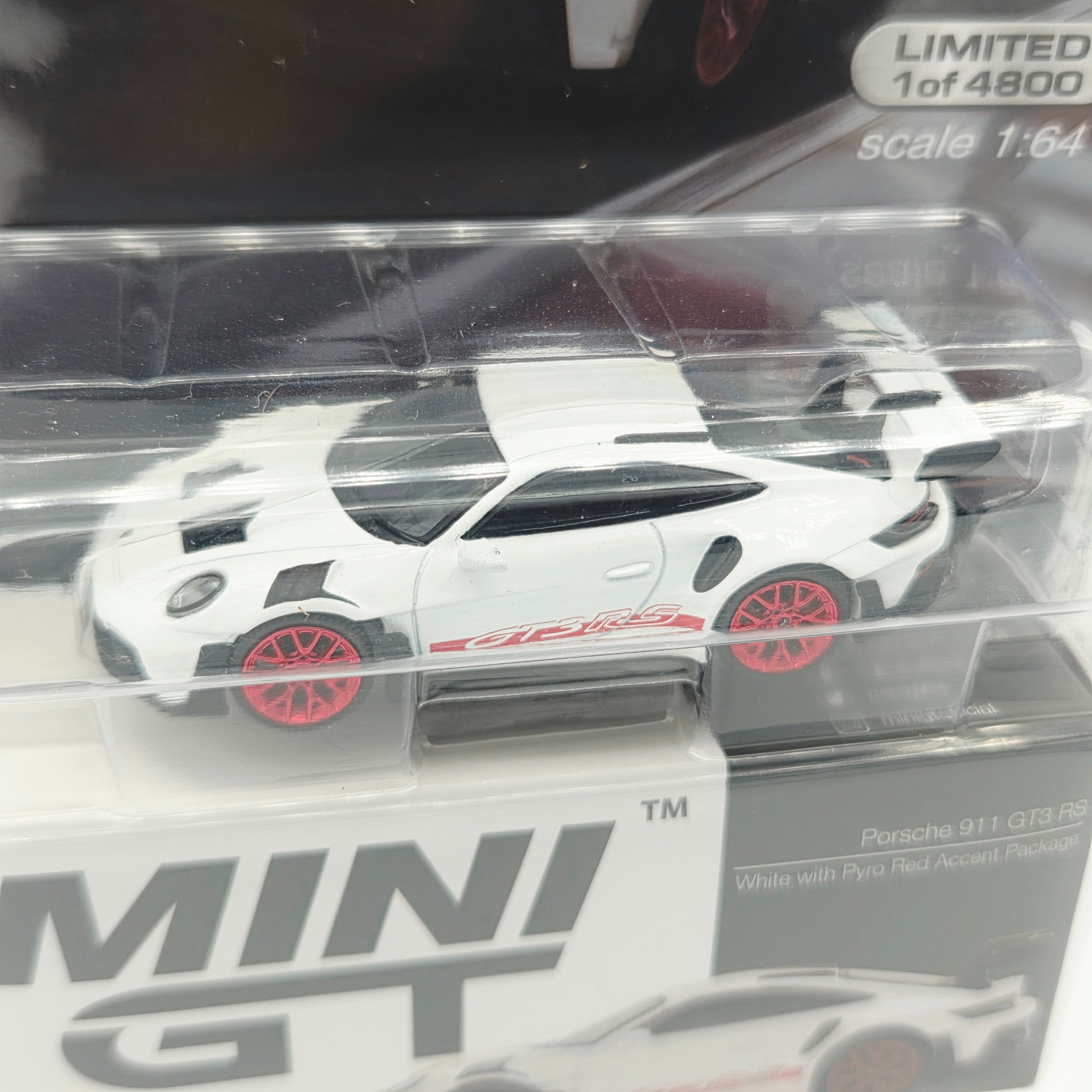 Mini GT Porsche 911 GT3 RS - 1:64 scale, white w/ pyro red accent (202