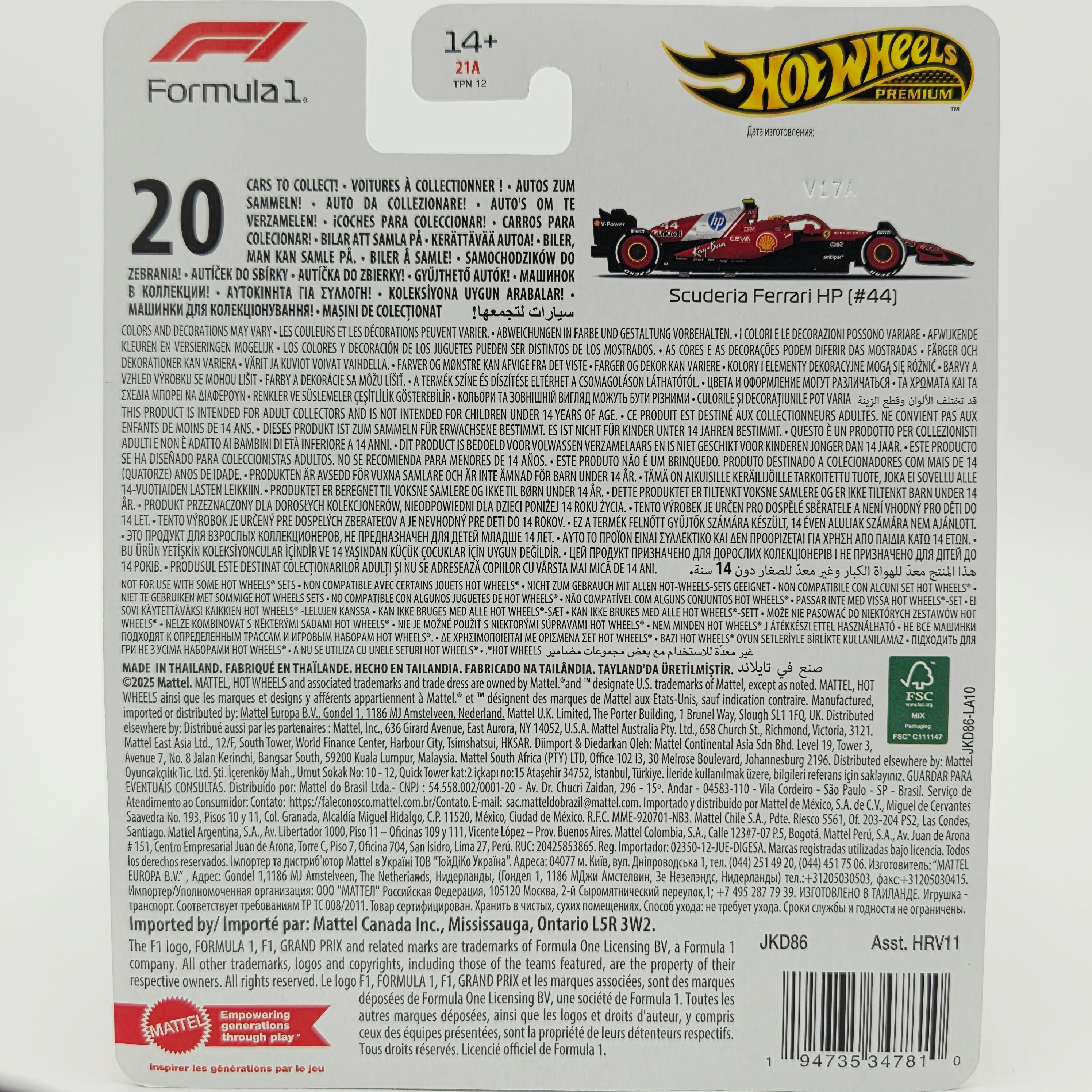 Hot Wheels Scuderia Ferrari HP Racing F1 - 2025 #44 Lewis Hamilton (2026 Premium Formula 1)