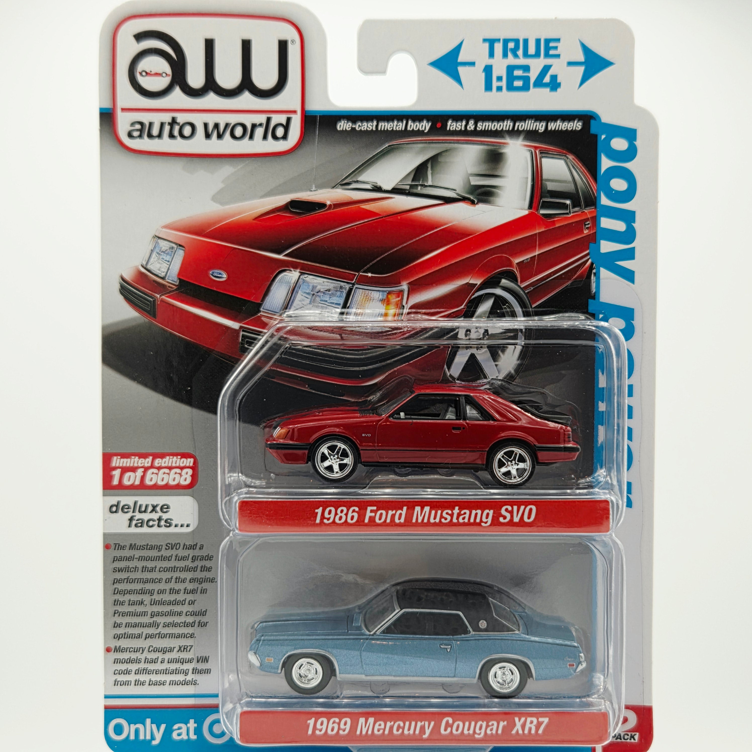 Auto World '86 Ford Mustang SVO / '69 Mercury Cougar XR7 - 1:64 (2022 Target Exclusive 2-Pack Rel.1 Ver.B) 1 of only 6668