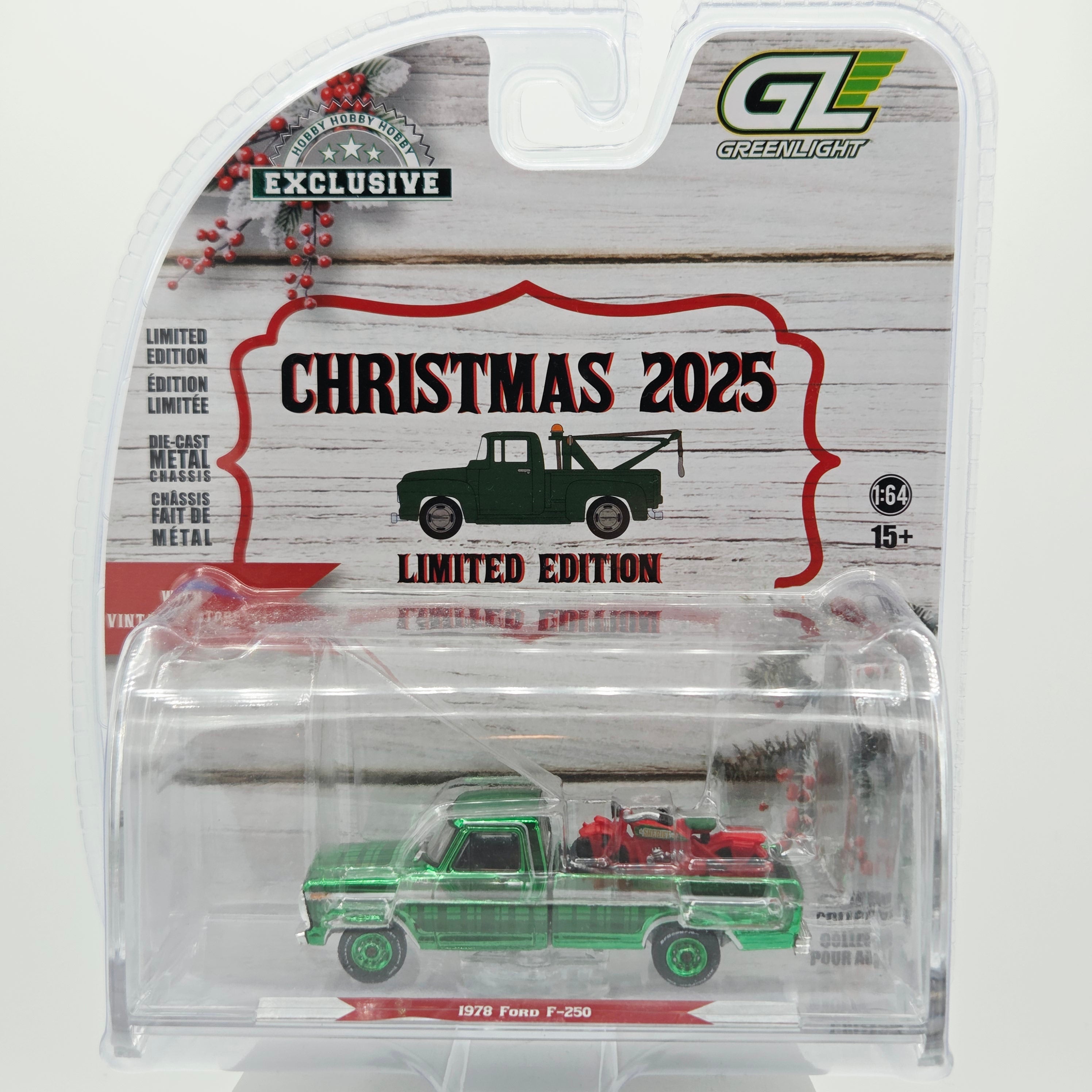 GreenLight - CHASE, GREEN - '78 Ford F-250 Pickup w/ Motorcycle - 1:64 (2025 Christmas - Hobby Exclusive)