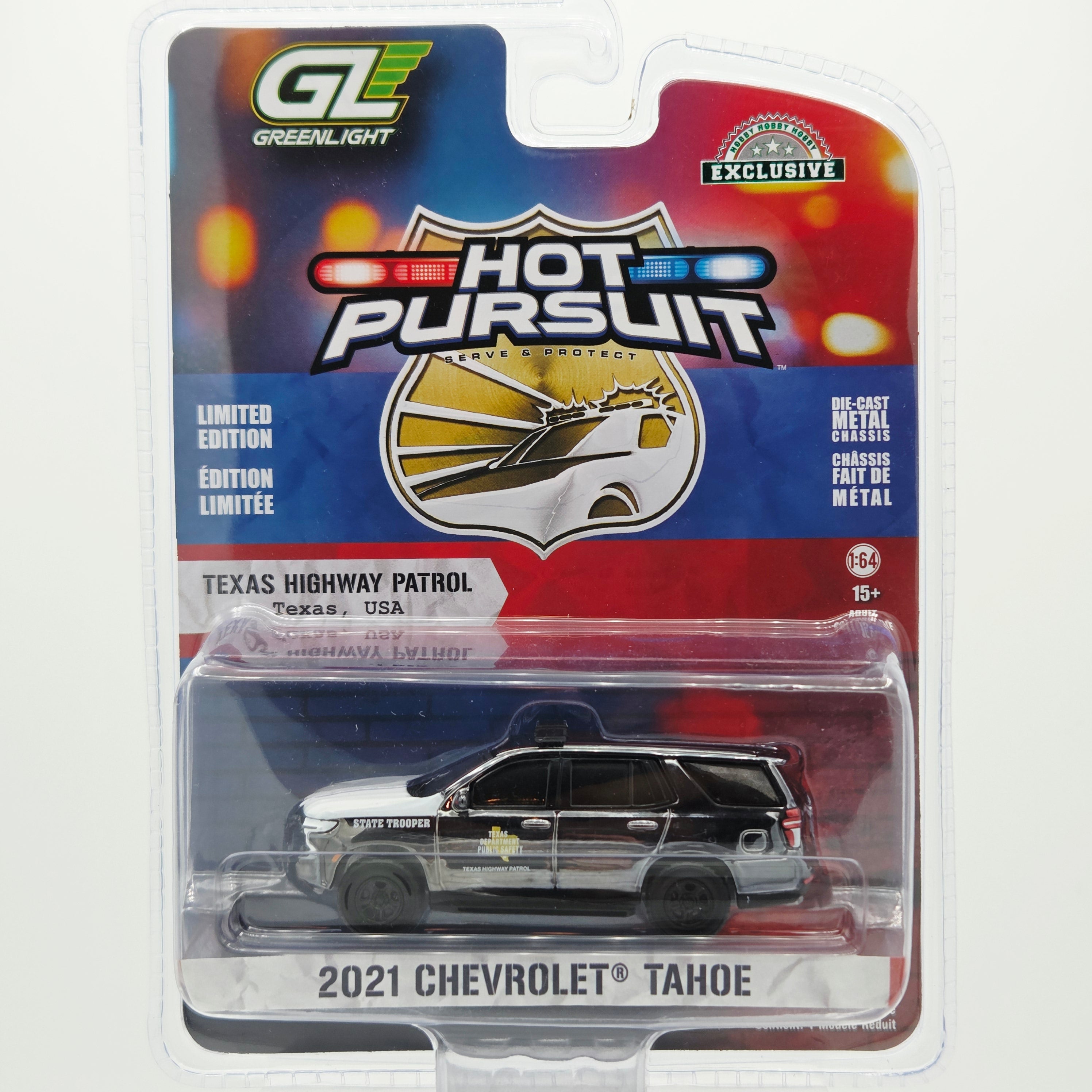 GreenLight - CHASE, BLACK CHROME - '21 Chevrolet Tahoe "Texas Highway Patrol" - 1:64 (Hobby Exclusive)