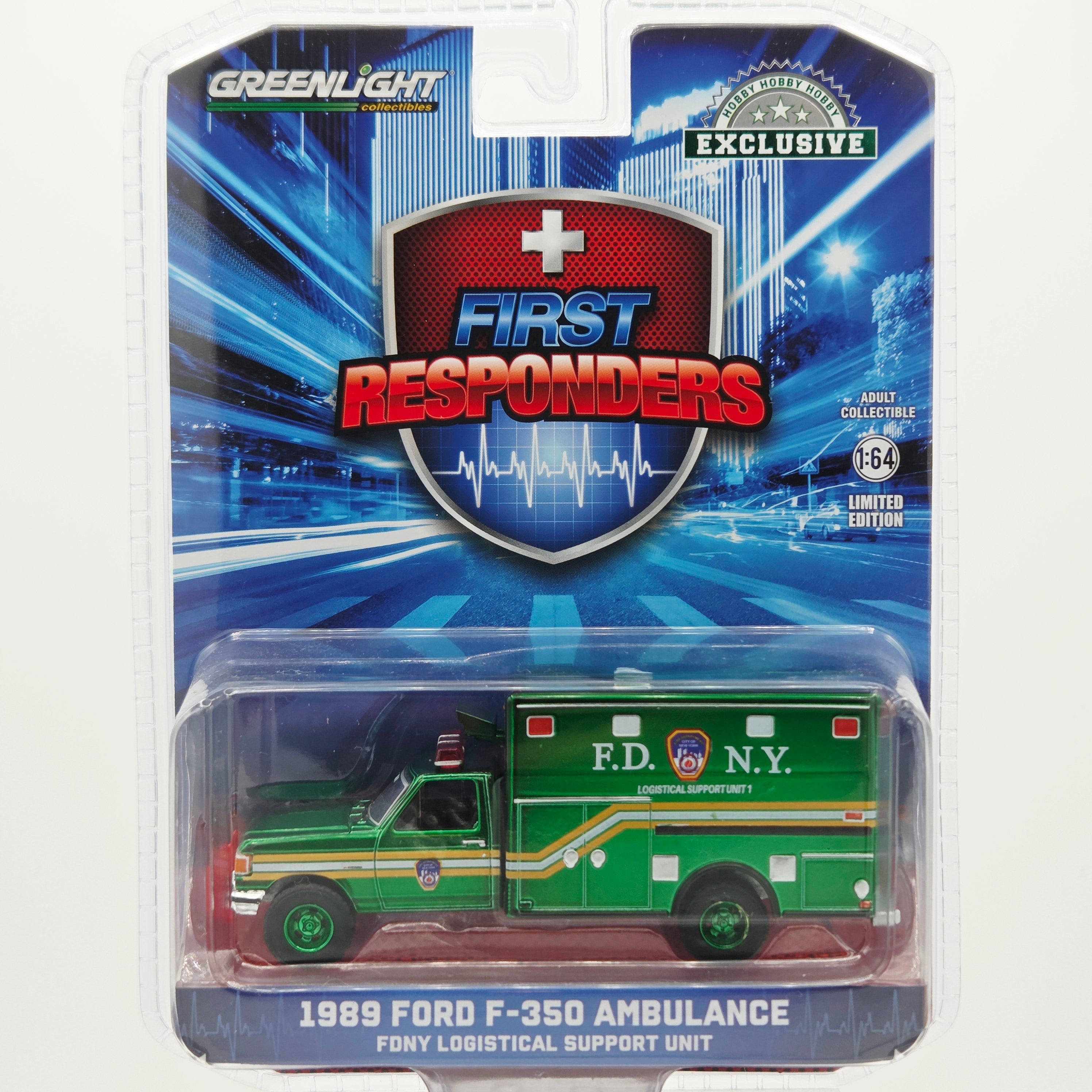 GreenLight - CHASE, GREEN - '89 Ford F-350 Ambulance "New York Fire Department" FDNY - 1:64 (2024 Hobby Exclusive)