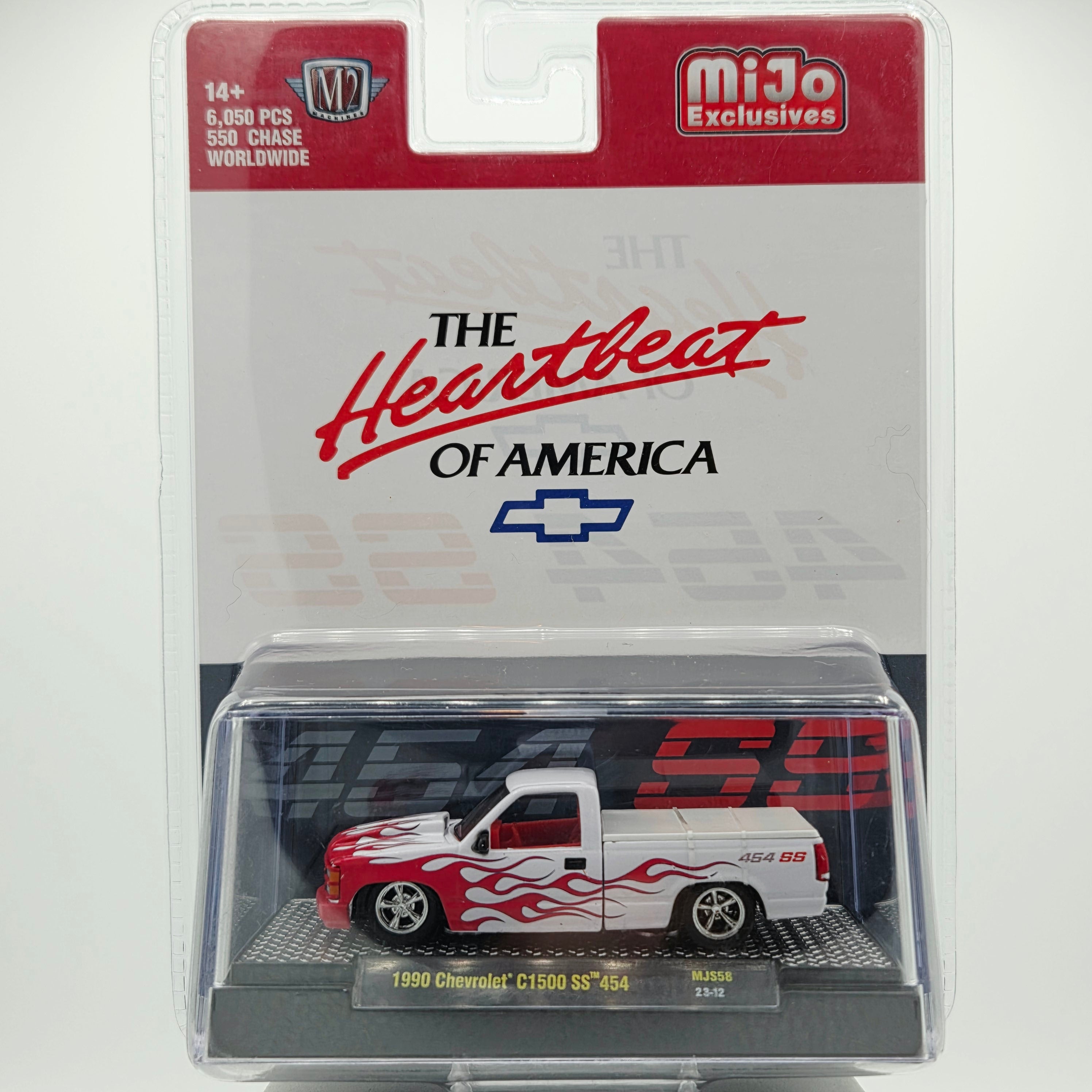 M2 Machines '90 Chevrolet C1500 SS 454 Pick-up Truck, White w/ Red Flames (2023 MiJo Exclusives - Limited Edition)
