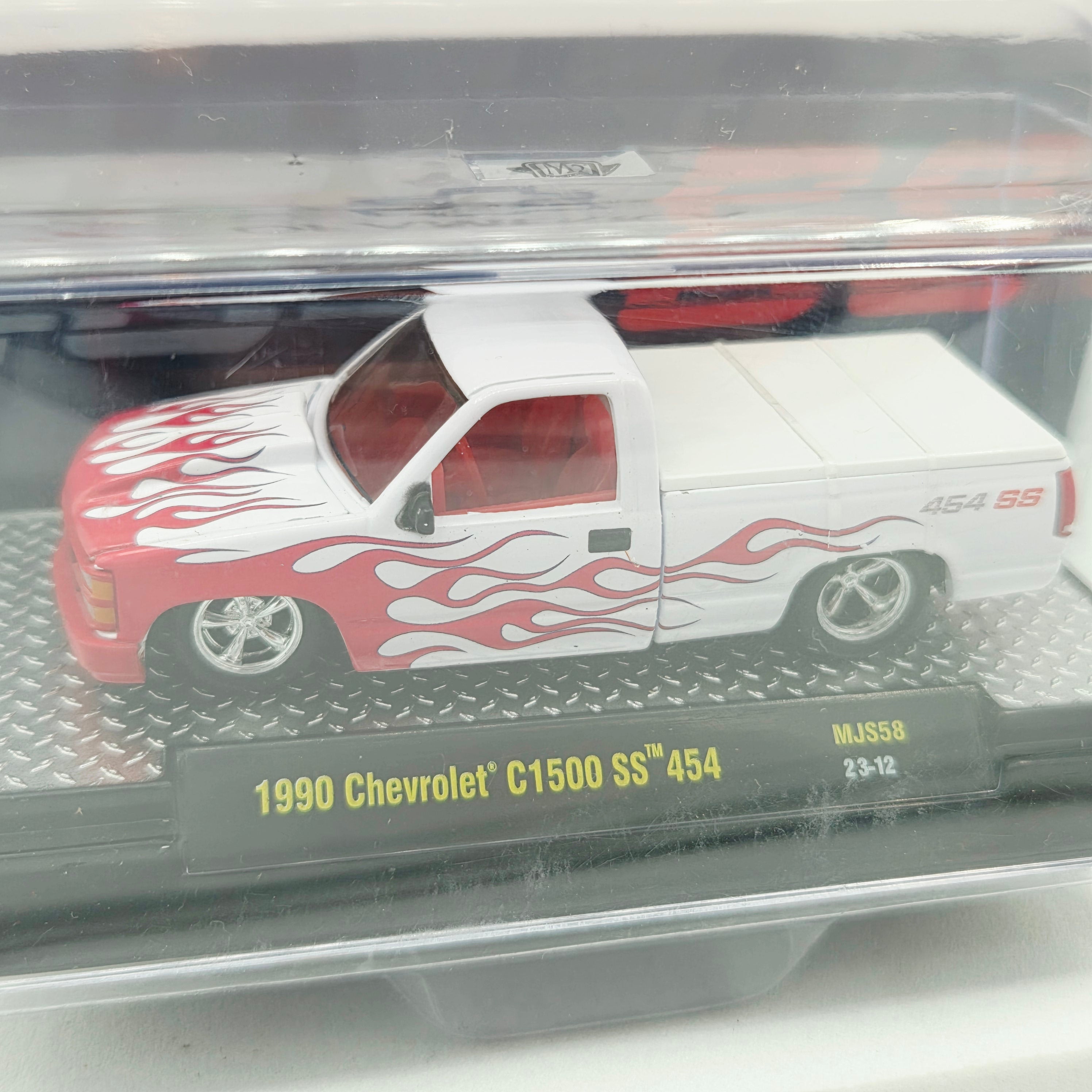 M2 Machines '90 Chevrolet C1500 SS 454 Pick-up Truck, White w/ Red Flames (2023 MiJo Exclusives - Limited Edition)