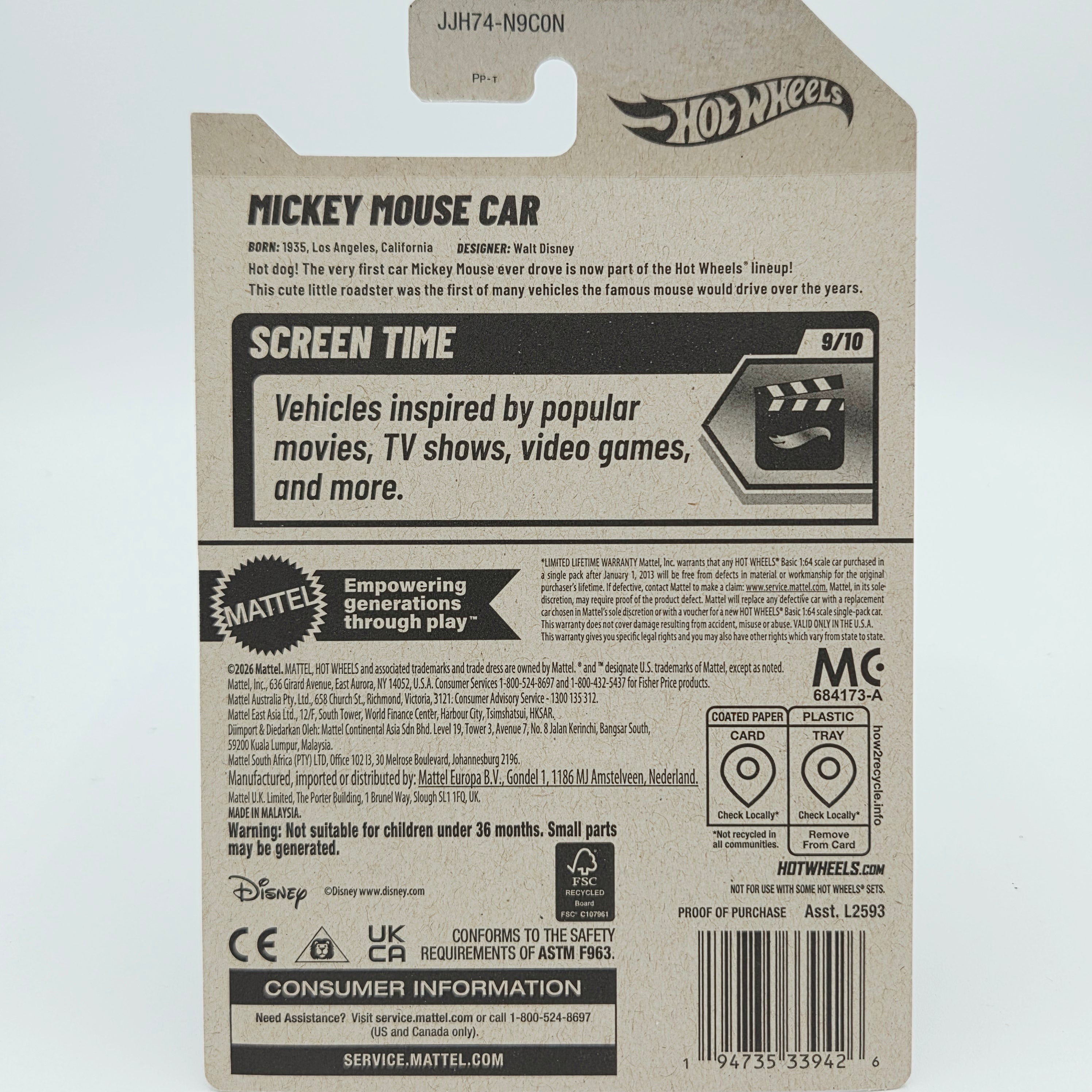 Hot Wheels Mickey Mouse Car (2026 HW Basic Case N - Screen Time)