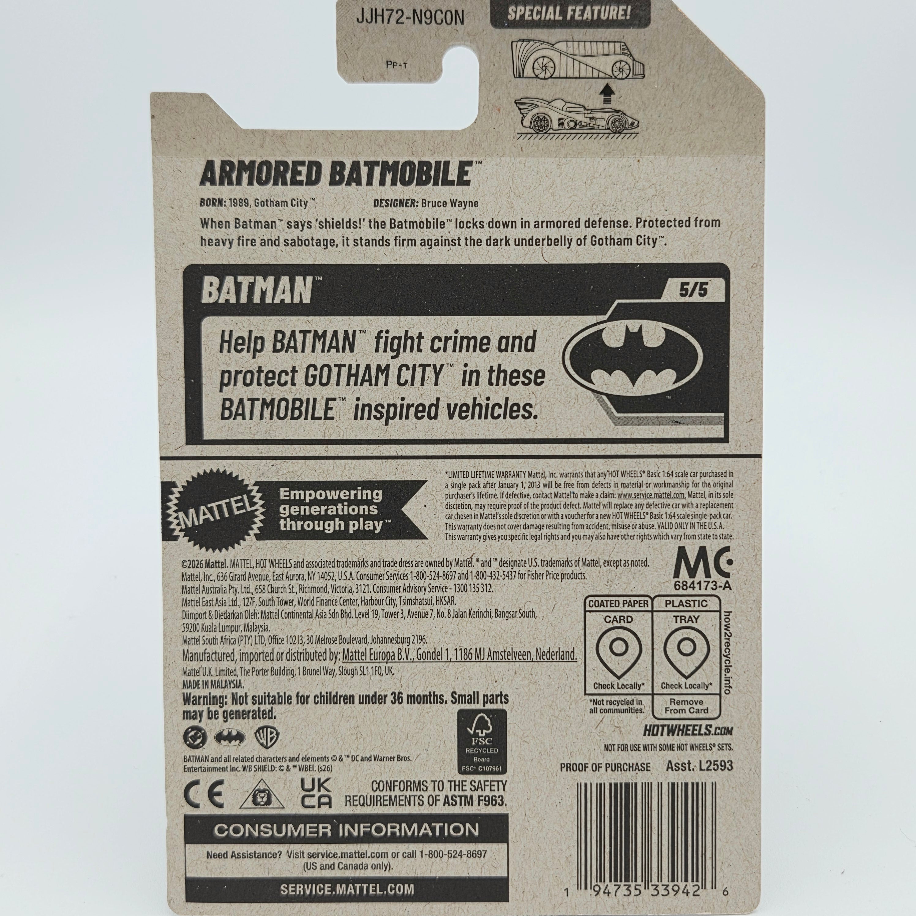 Hot Wheels Armored Batmobile (2026 HW Basic Case N - Batman)
